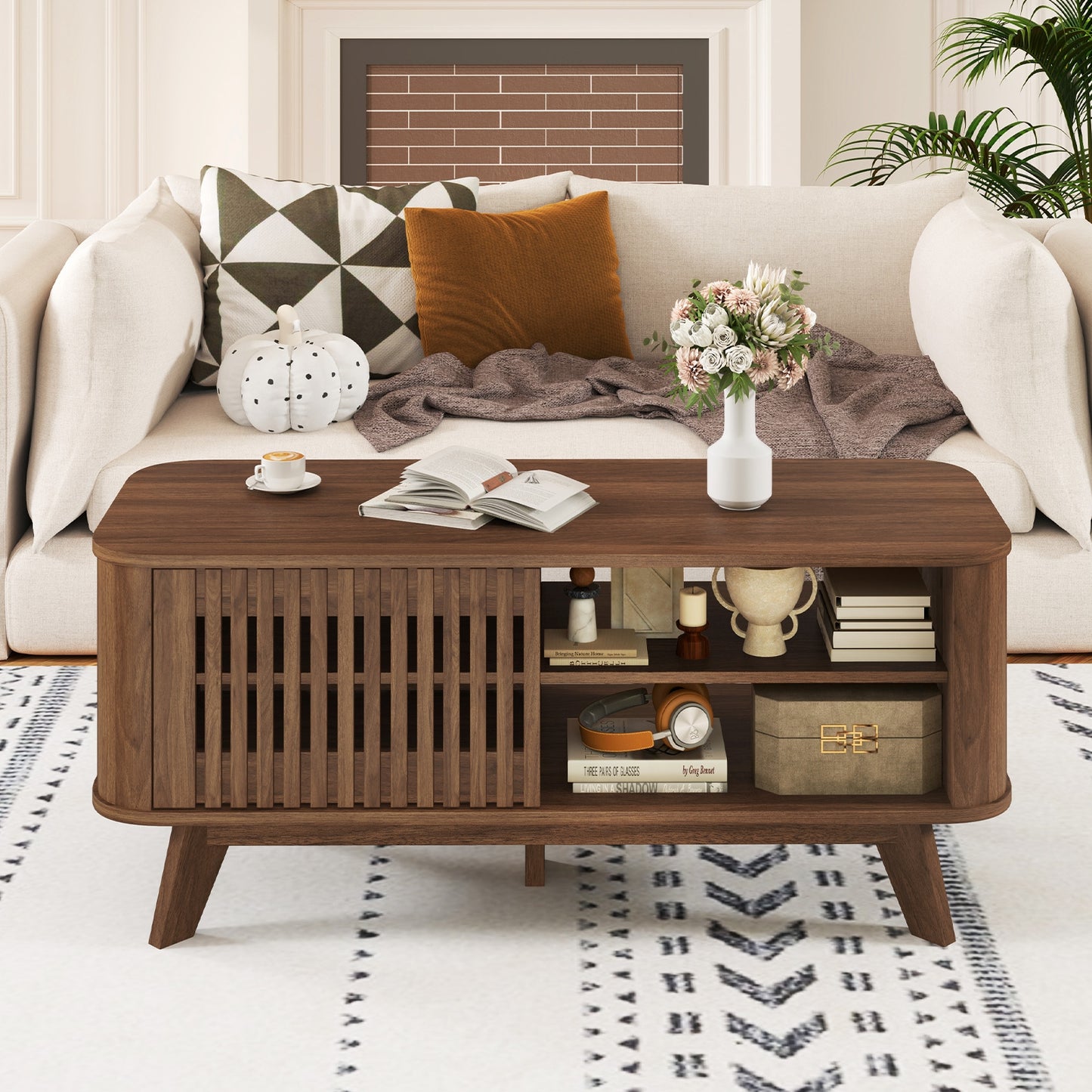 Wood Rectangular Coffee Table with Adjustable Shelves and Dual Access Storage