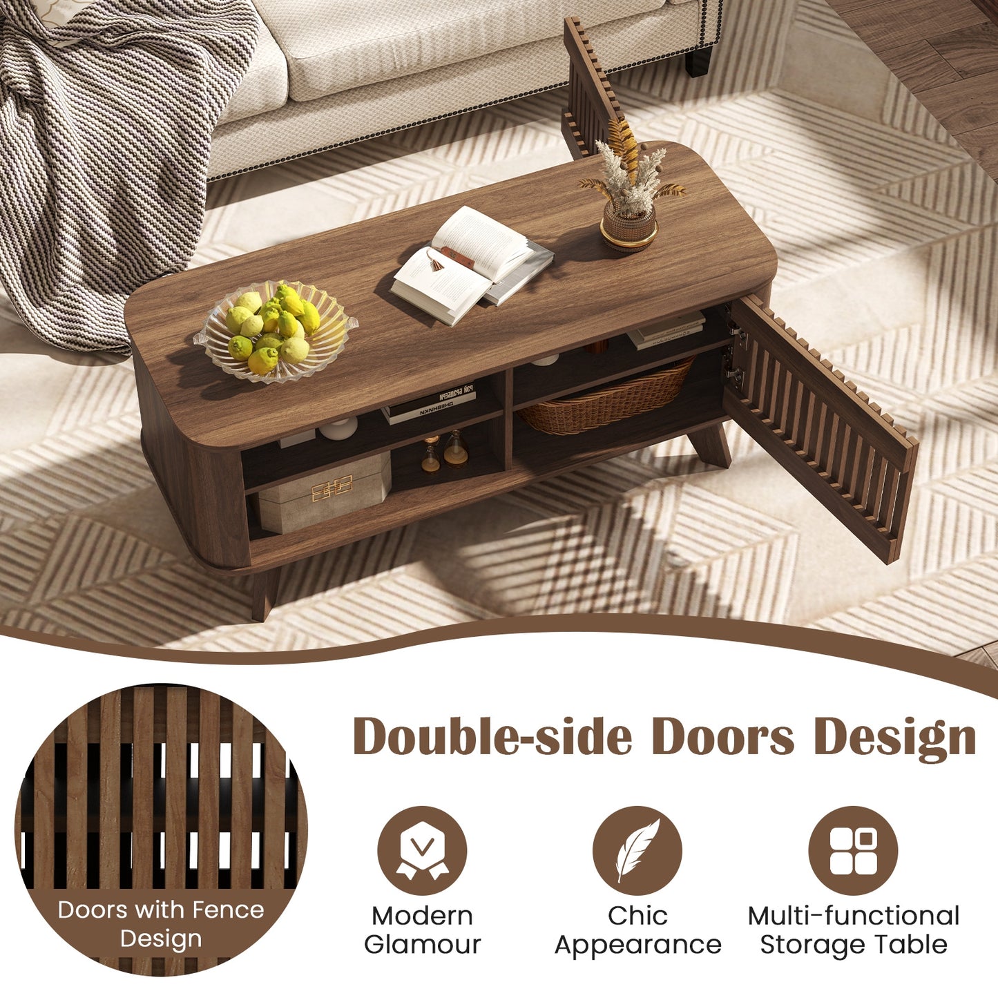 Wood Rectangular Coffee Table with Adjustable Shelves and Dual Access Storage