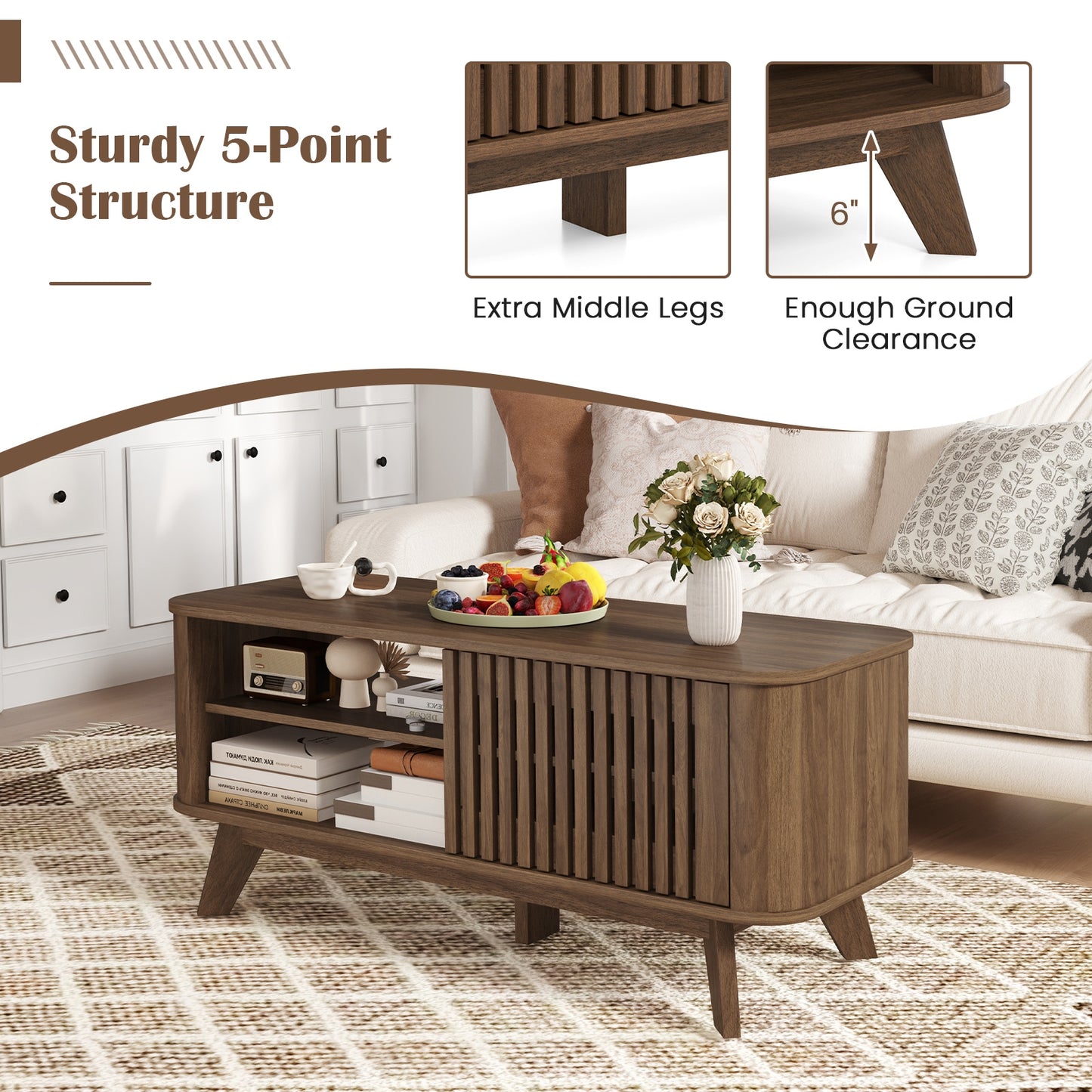 Wood Rectangular Coffee Table with Adjustable Shelves and Dual Access Storage