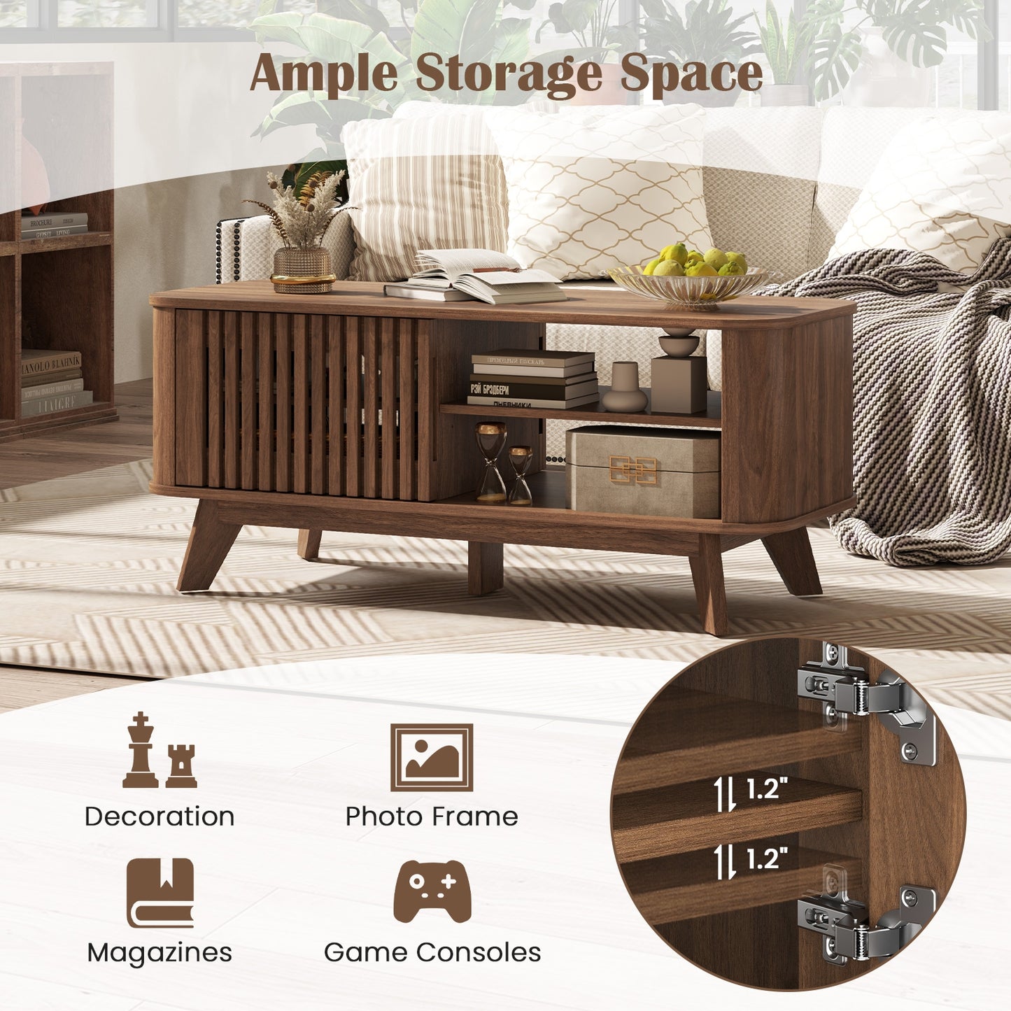 Wood Rectangular Coffee Table with Adjustable Shelves and Dual Access Storage