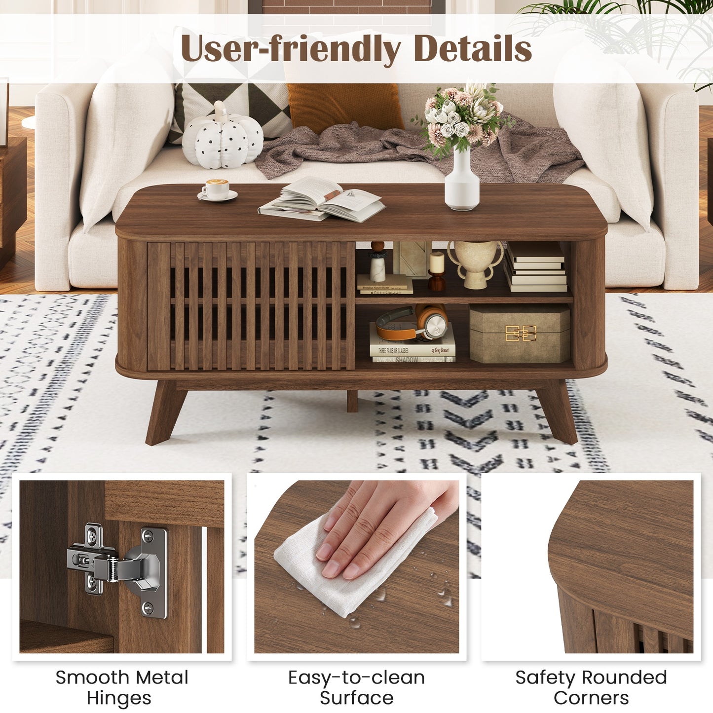 Wood Rectangular Coffee Table with Adjustable Shelves and Dual Access Storage