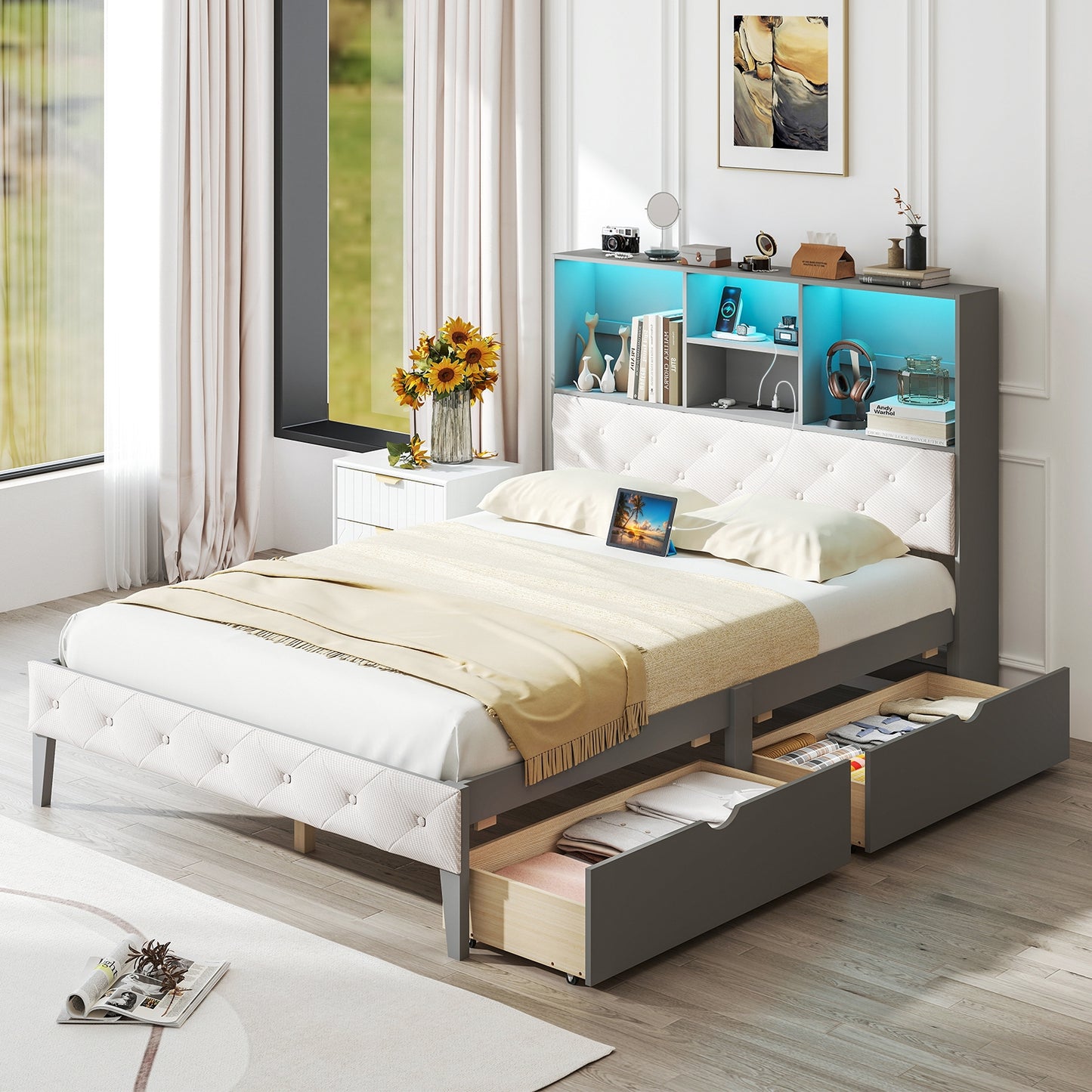 Grey Full Size Bed Frame with Upholstered Bookcase Headboard, LED Lighting & Storage Drawers