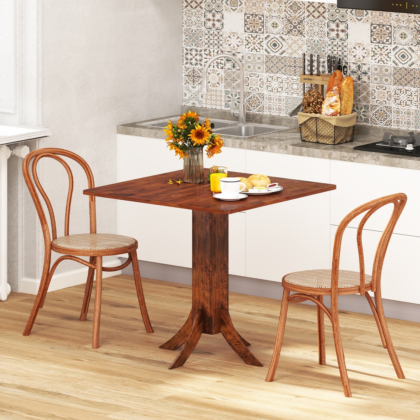 Elegant Square Dining Table with Pedestal Base and Durable Rubber Wood Frame for Small Spaces
