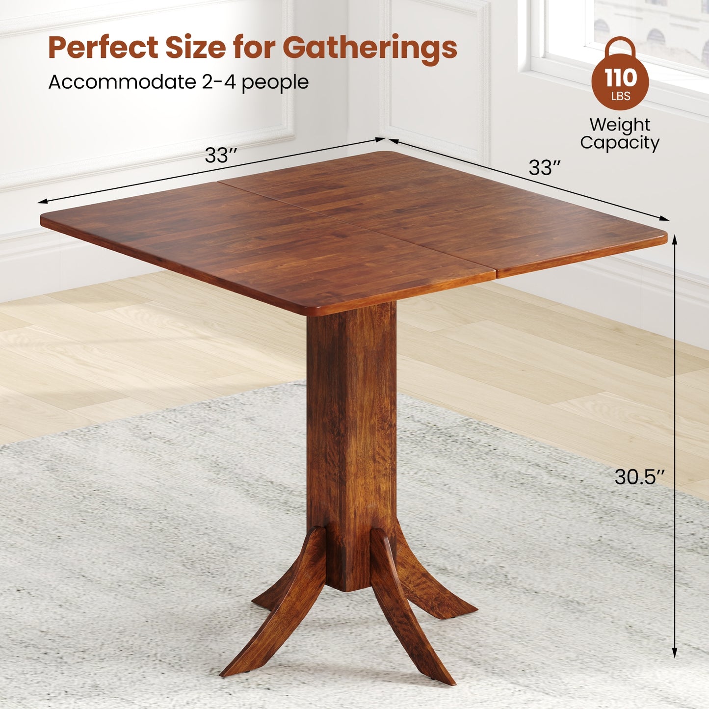 Elegant Square Dining Table with Pedestal Base and Durable Rubber Wood Frame for Small Spaces