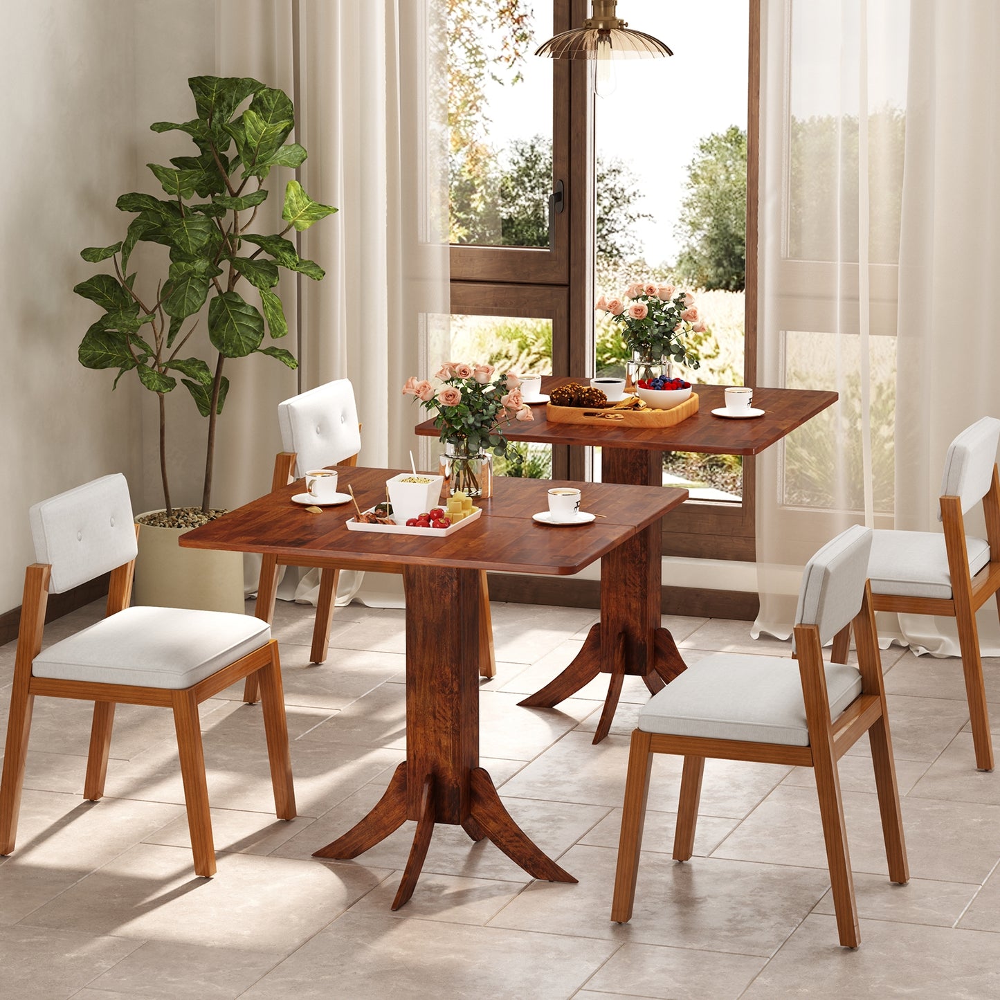 Elegant Square Dining Table with Pedestal Base and Durable Rubber Wood Frame for Small Spaces