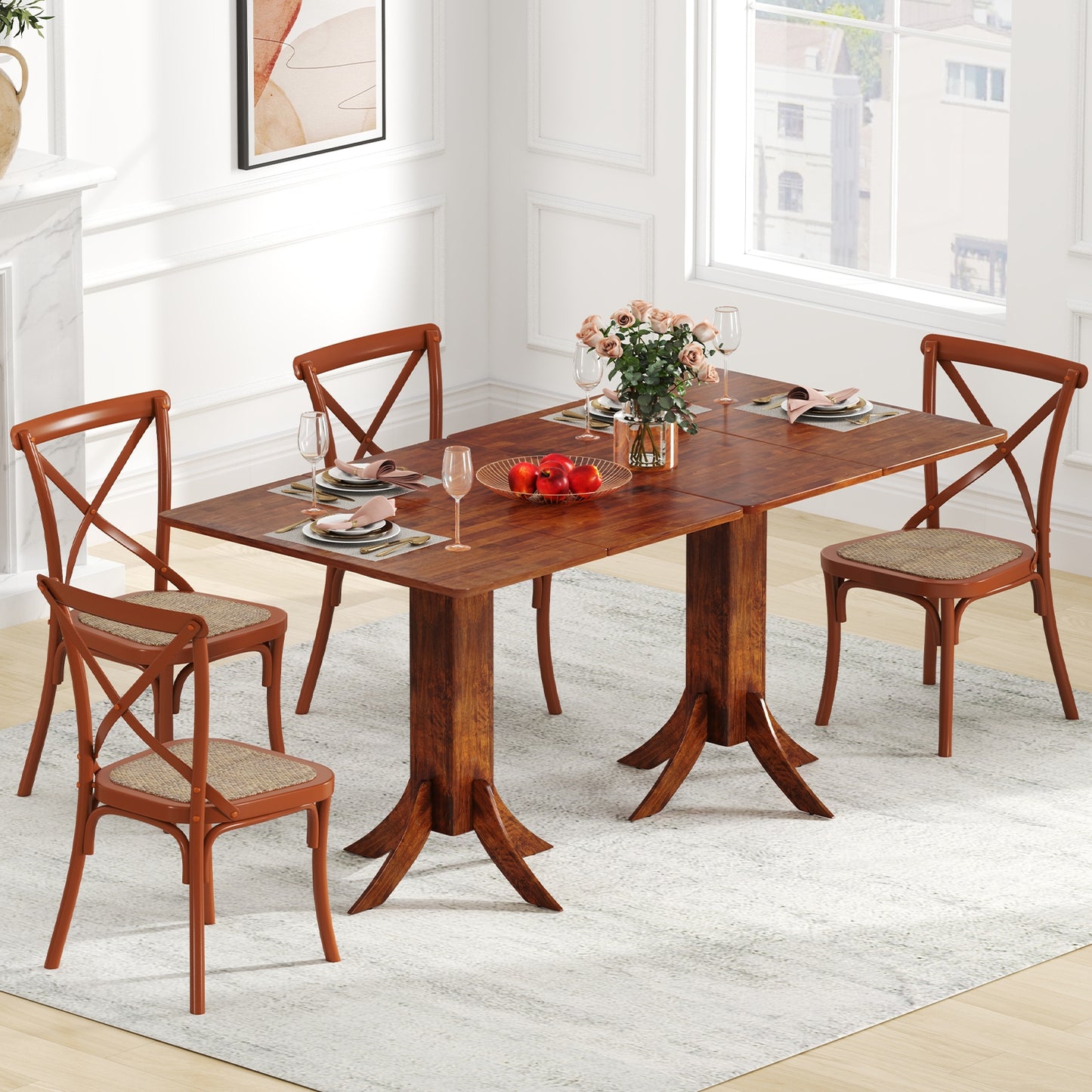 Elegant Square Dining Table with Pedestal Base and Durable Rubber Wood Frame for Small Spaces