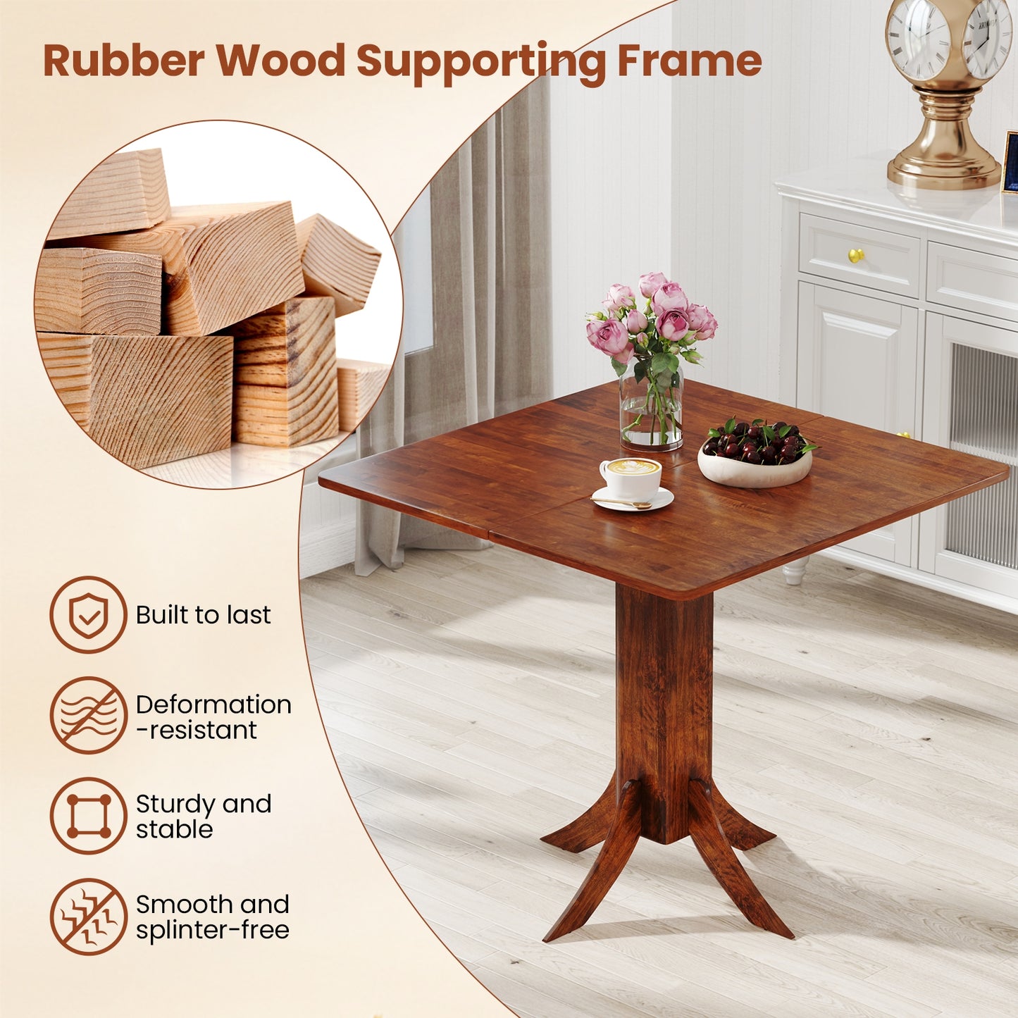 Elegant Square Dining Table with Pedestal Base and Durable Rubber Wood Frame for Small Spaces