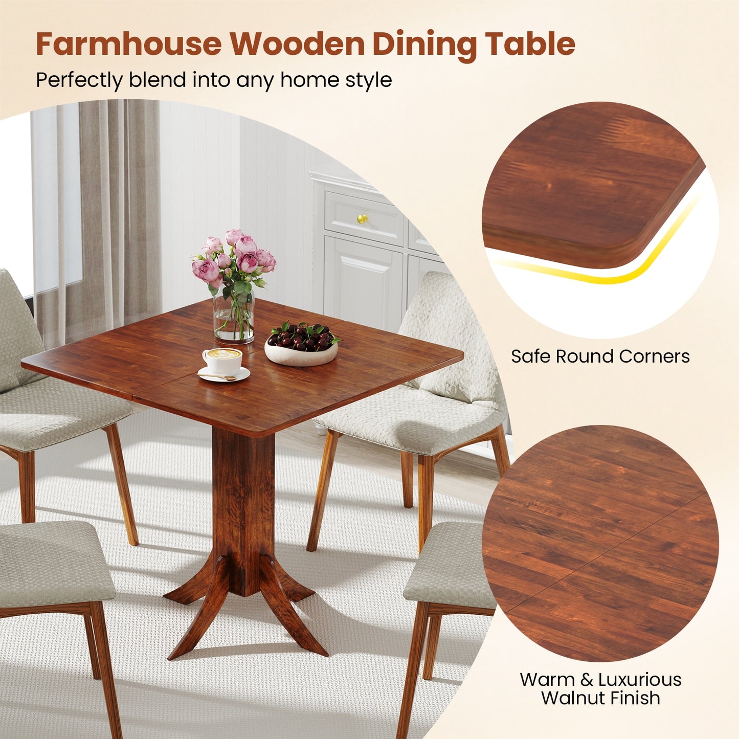 Elegant Square Dining Table with Pedestal Base and Durable Rubber Wood Frame for Small Spaces