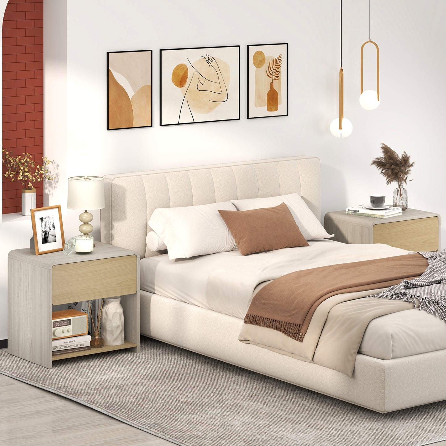 2-Tier Modern Nightstand with Drawer and Open Shelf in Oak Finish