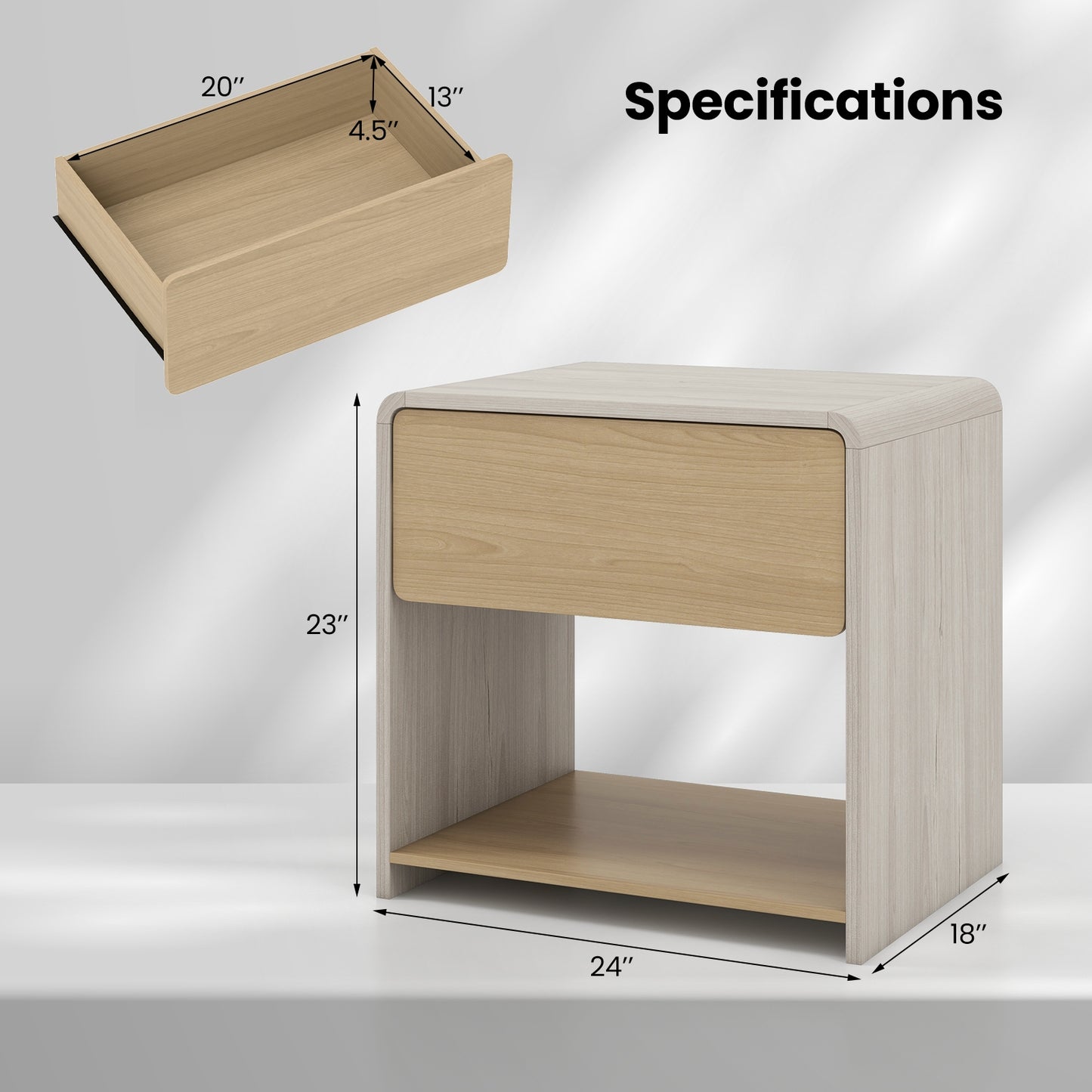 2-Tier Modern Nightstand with Drawer and Open Shelf in Oak Finish