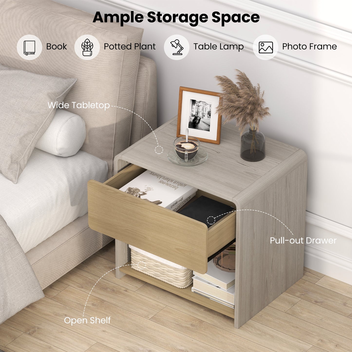 2-Tier Modern Nightstand with Drawer and Open Shelf in Oak Finish