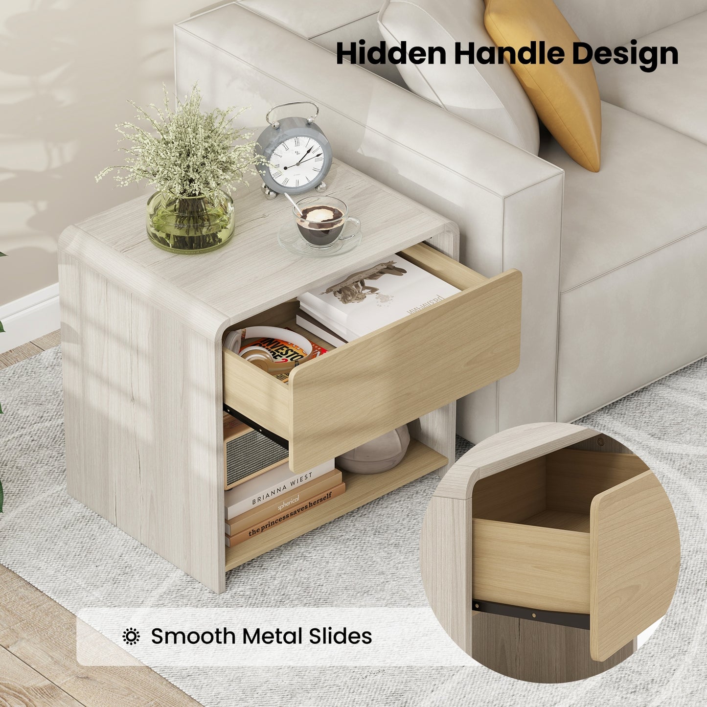 2-Tier Modern Nightstand with Drawer and Open Shelf in Oak Finish