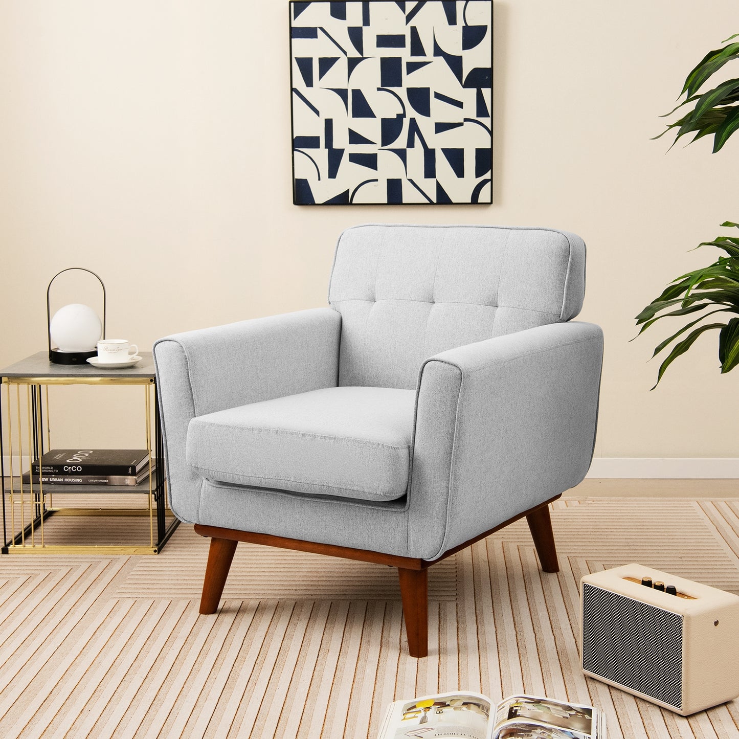 Modern Upholstered Linen Accent Chair with Wooden Frame and Removable Cushion in Grey
