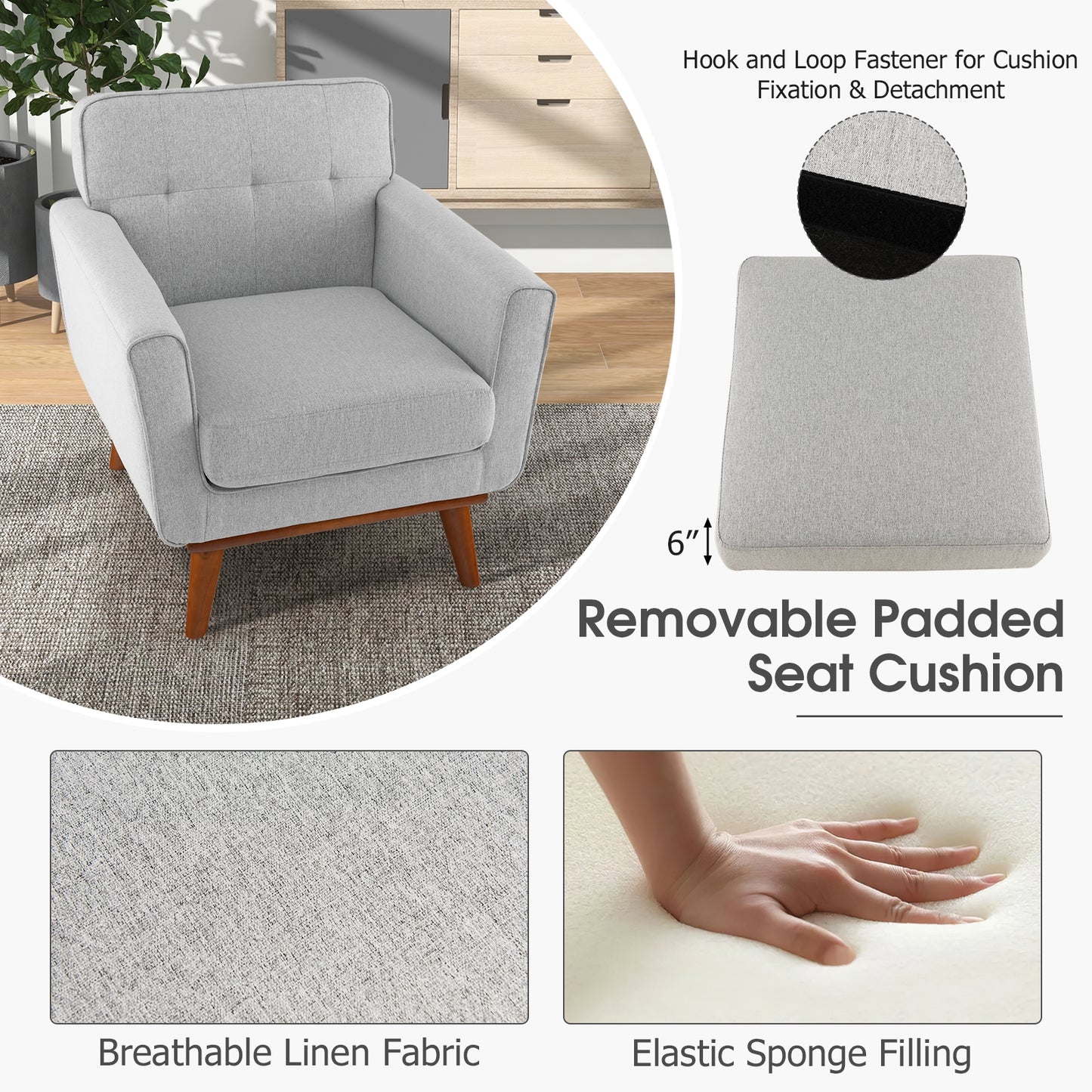 Modern Upholstered Linen Accent Chair with Wooden Frame and Removable Cushion in Grey