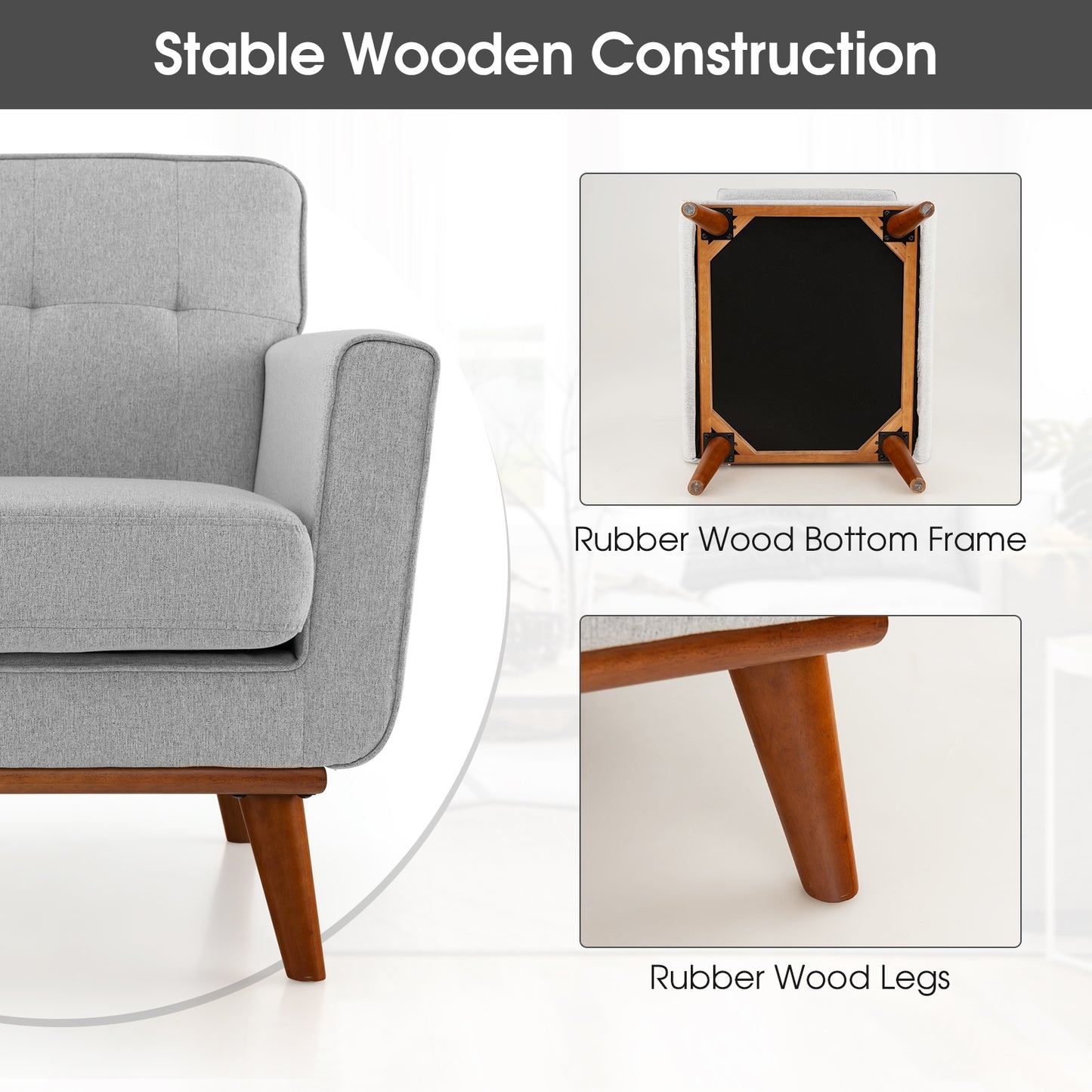Modern Upholstered Linen Accent Chair with Wooden Frame and Removable Cushion in Grey