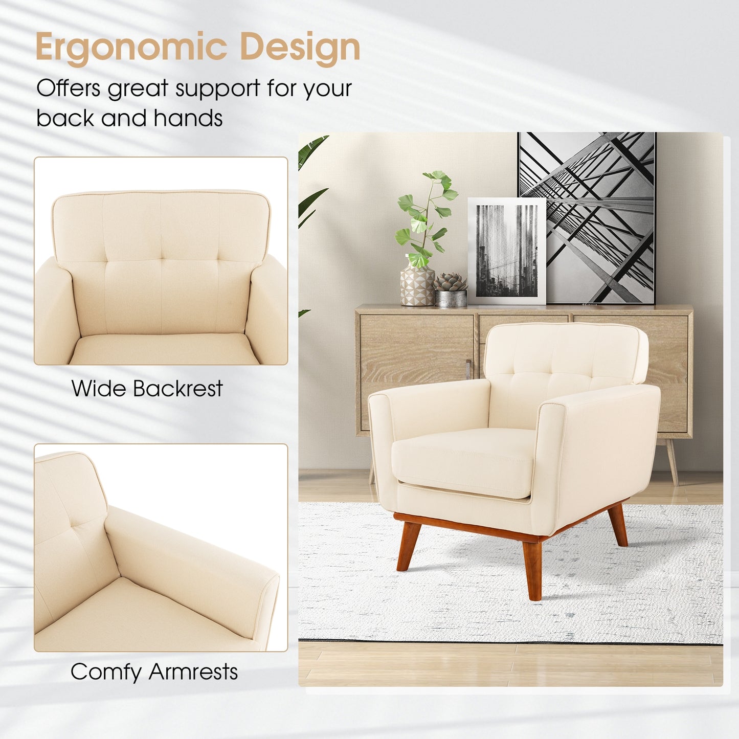 Modern Upholstered Linen Accent Chair with Wooden Frame and Removable Cushion in Beige