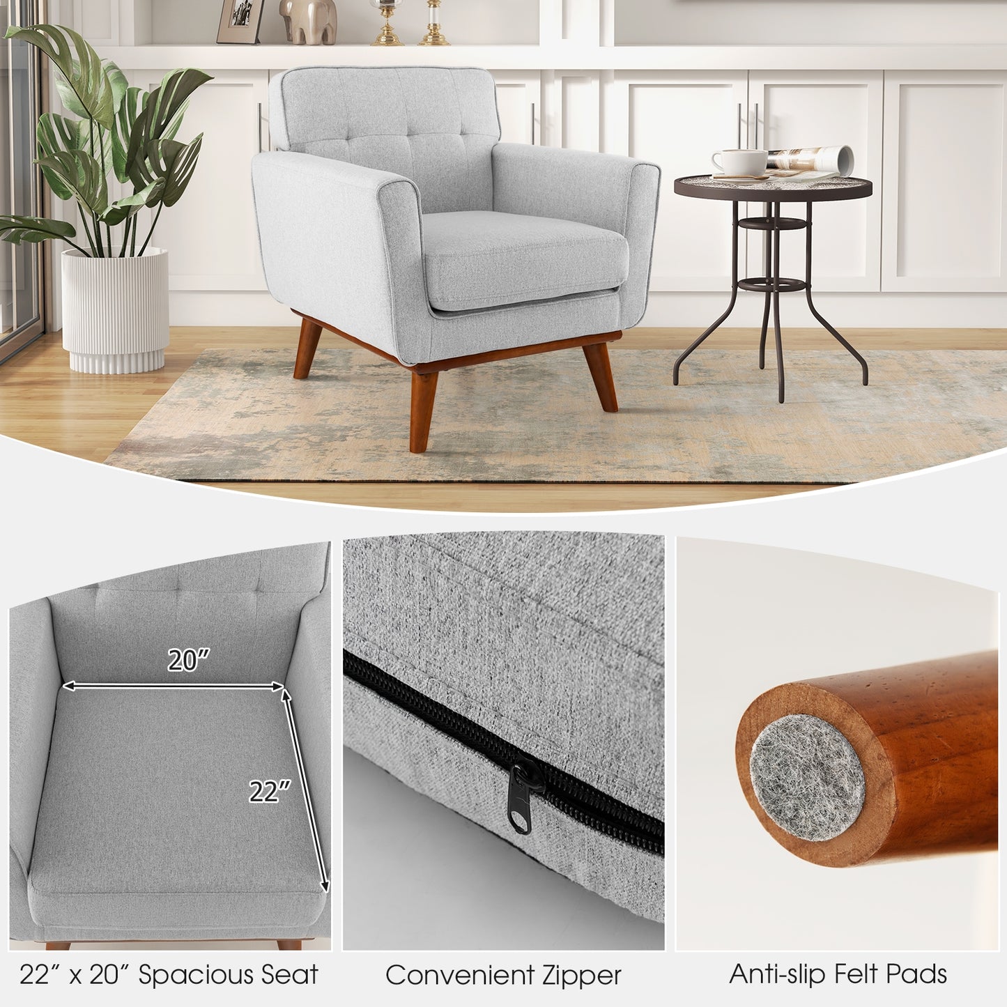 Modern Upholstered Linen Accent Chair with Wooden Frame and Removable Cushion in Grey