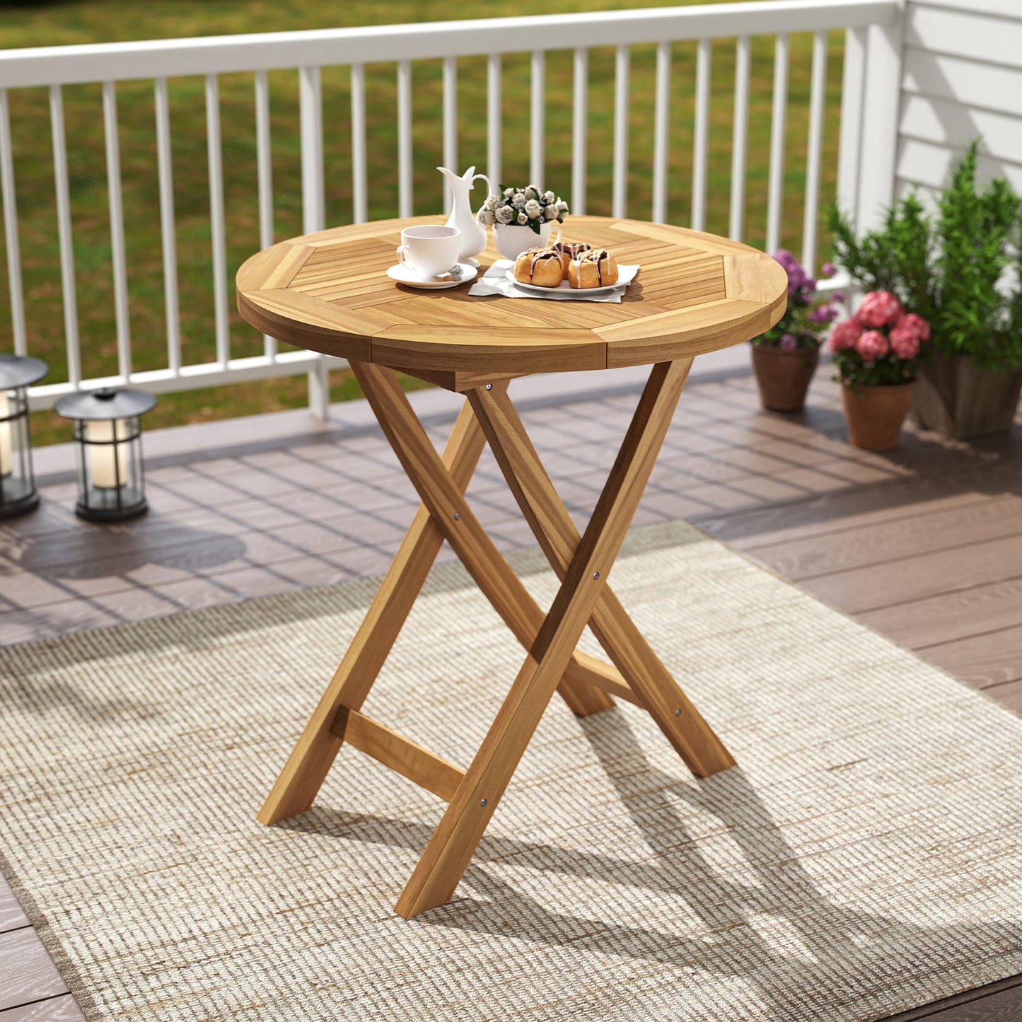 Outdoor Teak Wood Dining Table with Slatted Top and Durable X-Frame for Patio and Garden