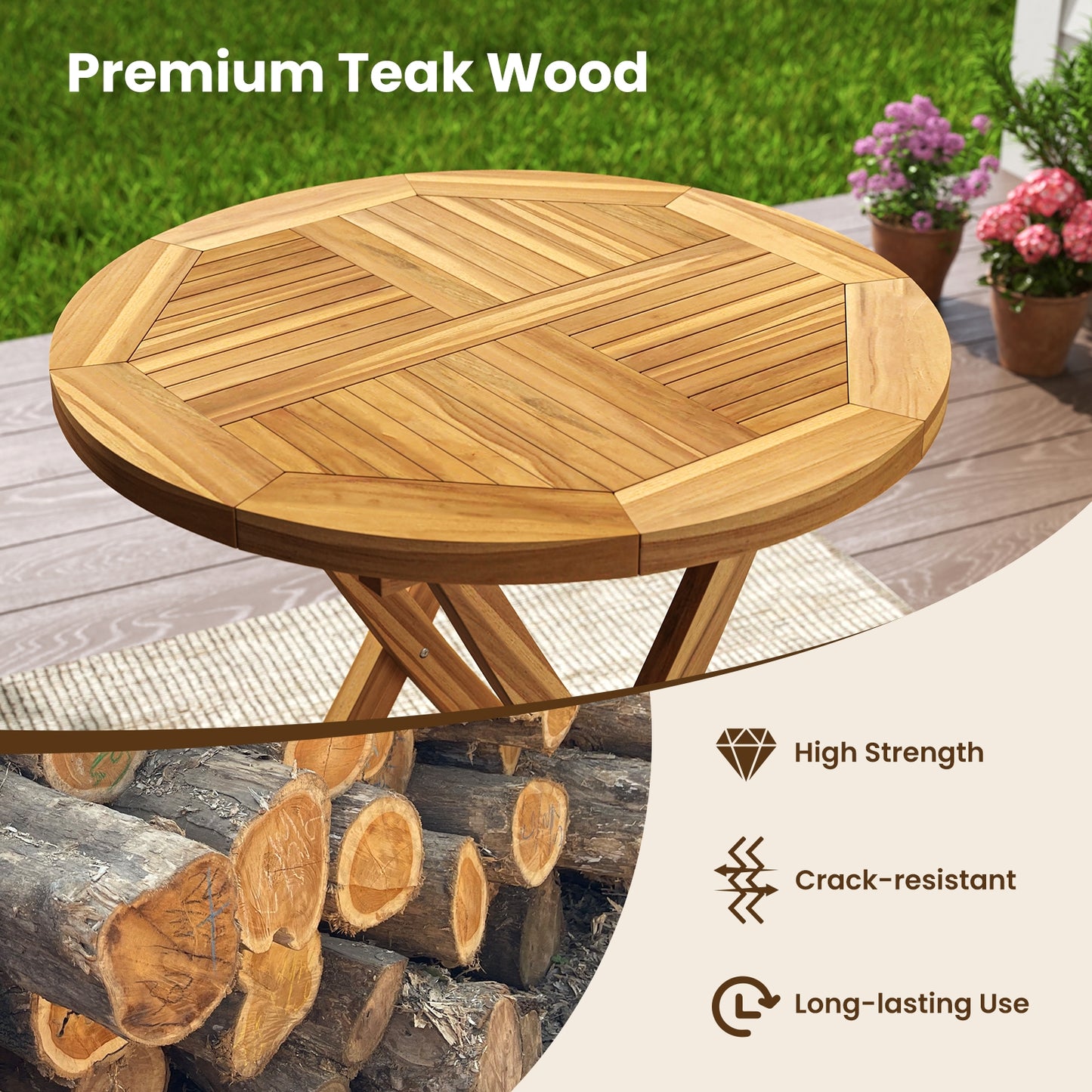 Outdoor Teak Wood Dining Table with Slatted Top and Durable X-Frame for Patio and Garden