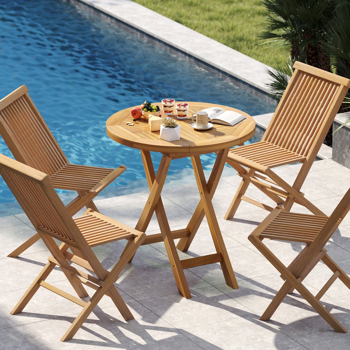 Outdoor Teak Wood Dining Table with Slatted Top and Durable X-Frame for Patio and Garden