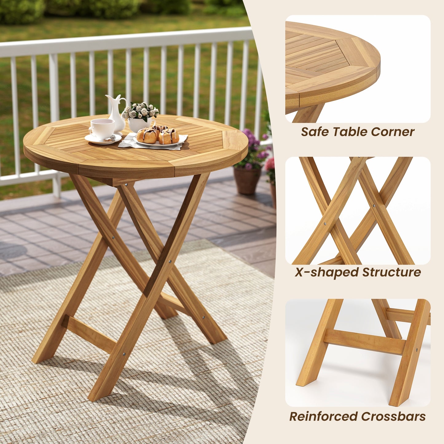 Outdoor Teak Wood Dining Table with Slatted Top and Durable X-Frame for Patio and Garden