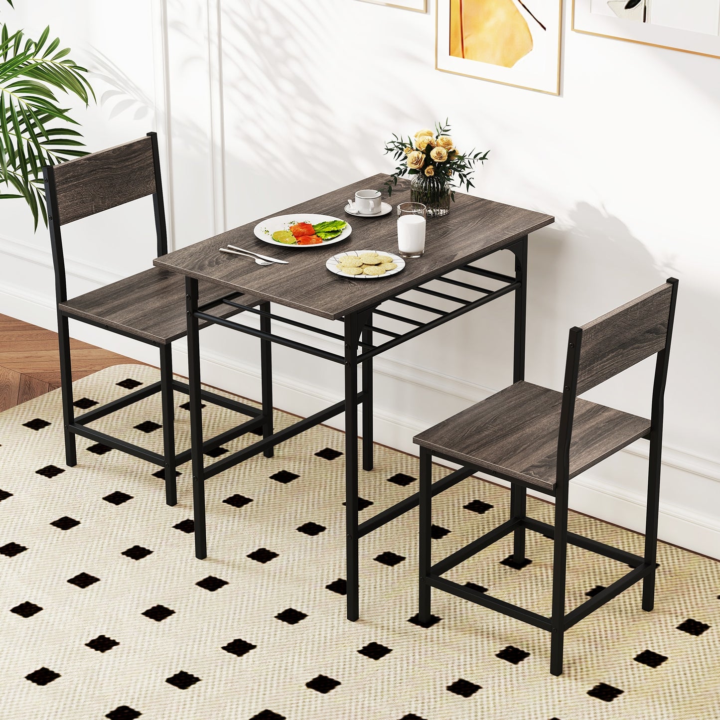3-Piece Dining Table Set with Storage Rack and Metal Frame for Small Spaces, Grey