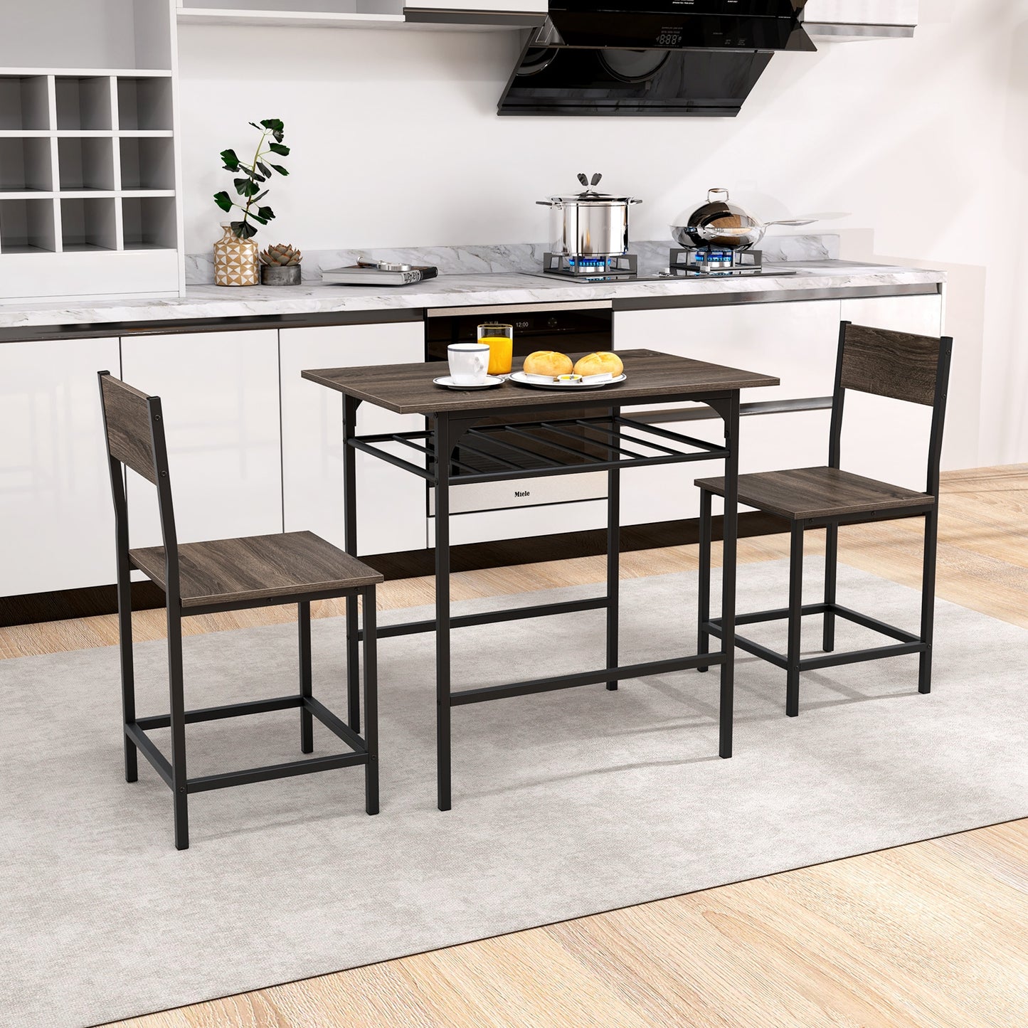 3-Piece Dining Table Set with Storage Rack and Metal Frame for Small Spaces, Grey
