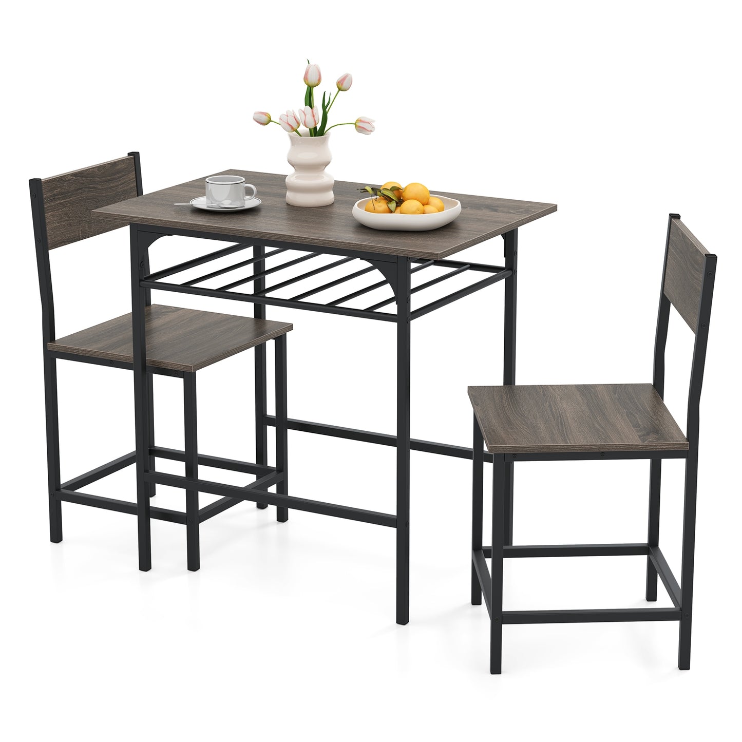 3-Piece Dining Table Set with Storage Rack and Metal Frame for Small Spaces, Grey