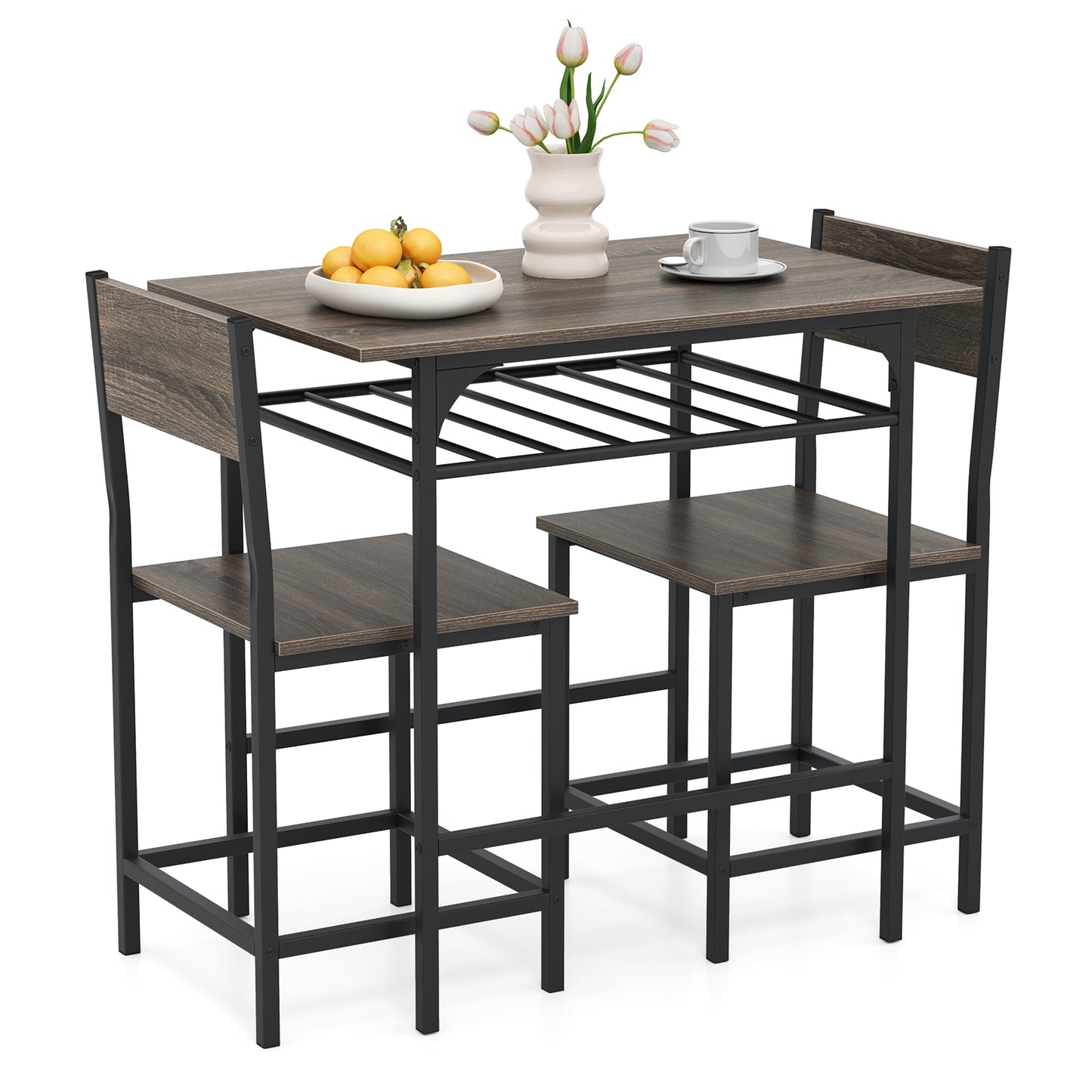 3-Piece Dining Table Set with Storage Rack and Metal Frame for Small Spaces, Grey