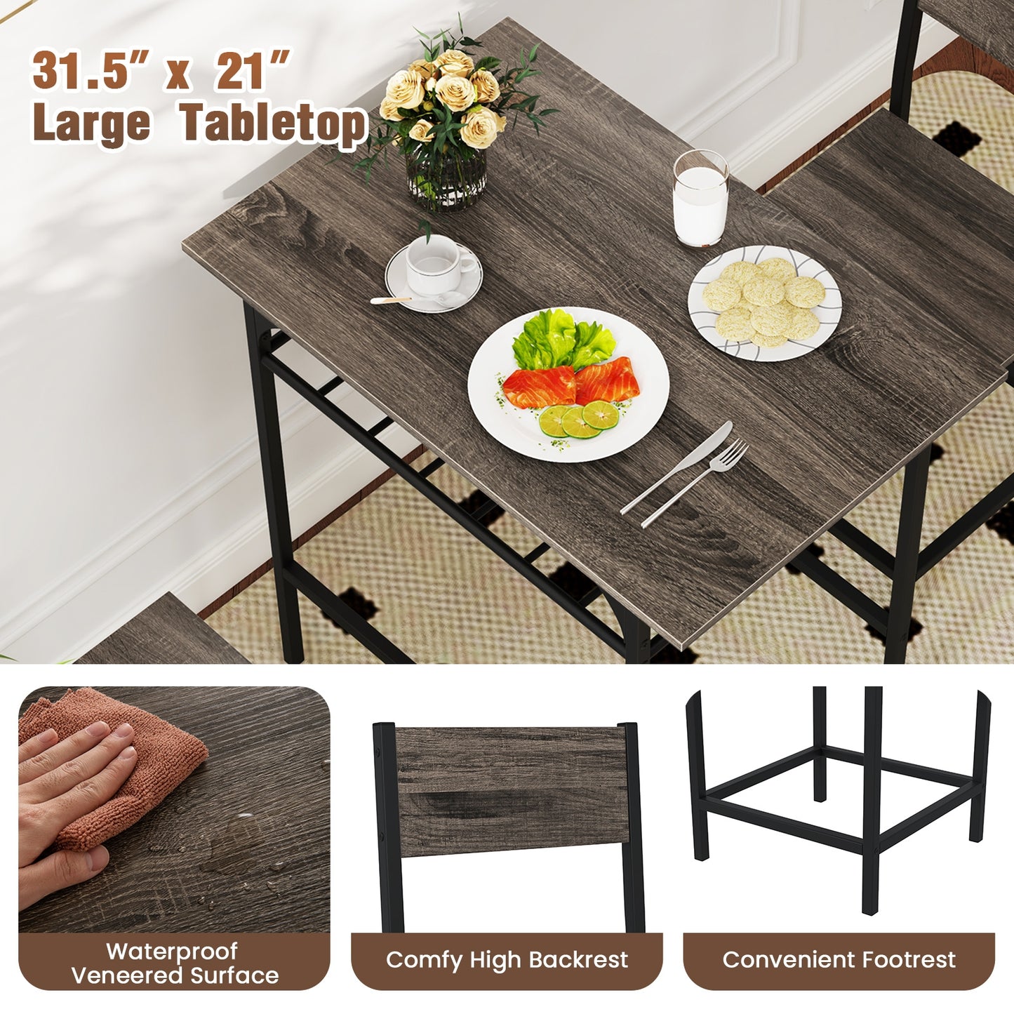 3-Piece Dining Table Set with Storage Rack and Metal Frame for Small Spaces, Grey
