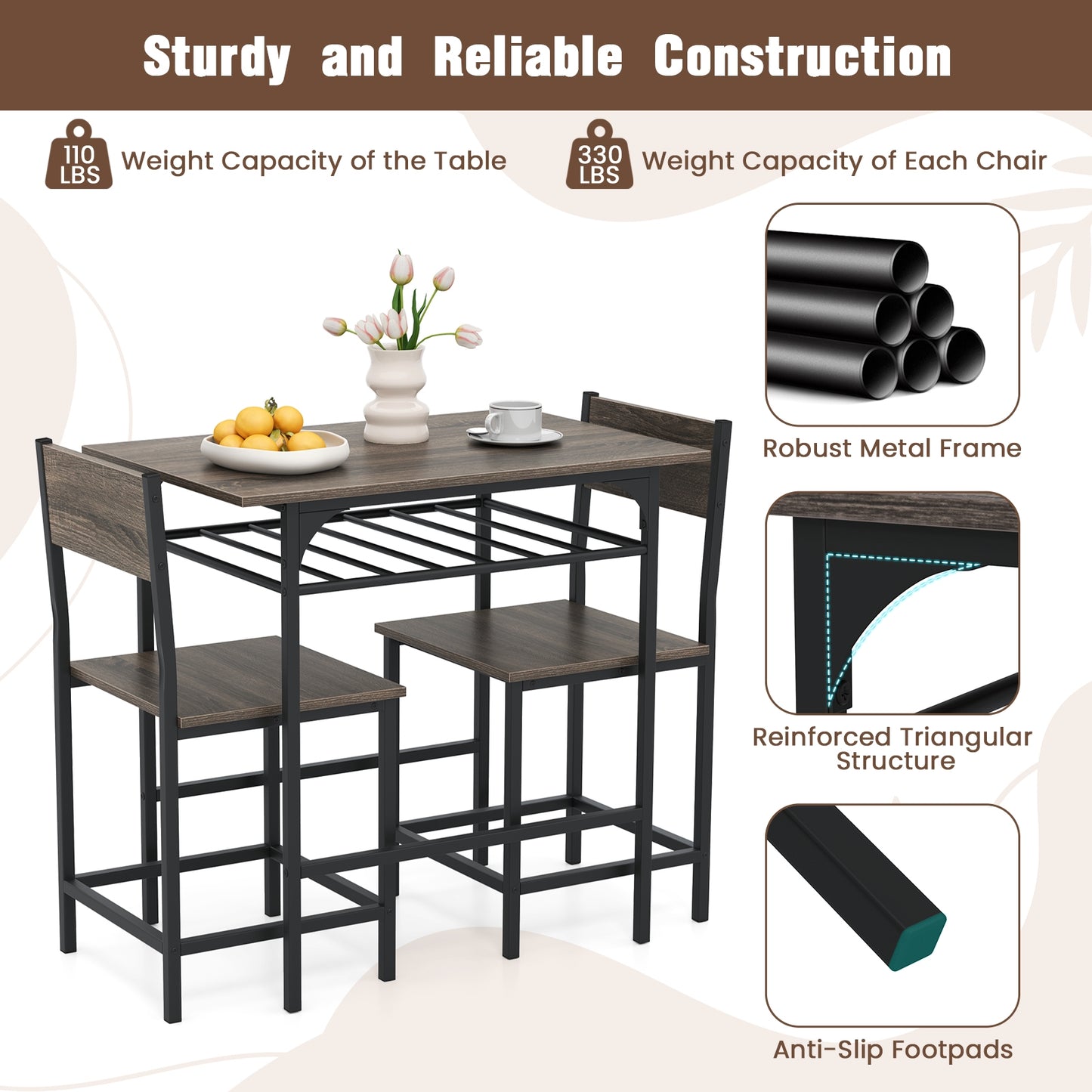 3-Piece Dining Table Set with Storage Rack and Metal Frame for Small Spaces, Grey