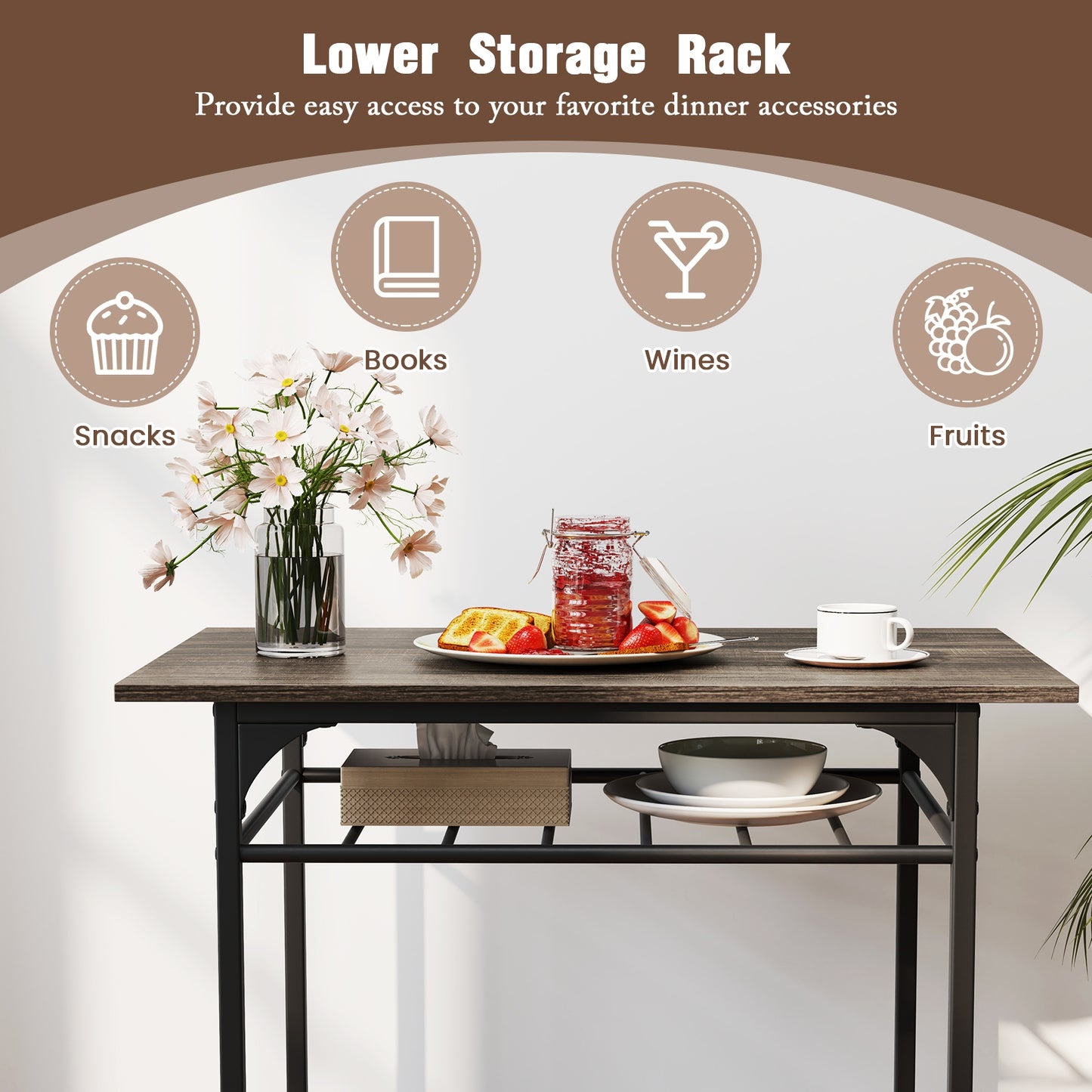 3-Piece Dining Table Set with Storage Rack and Metal Frame for Small Spaces, Grey
