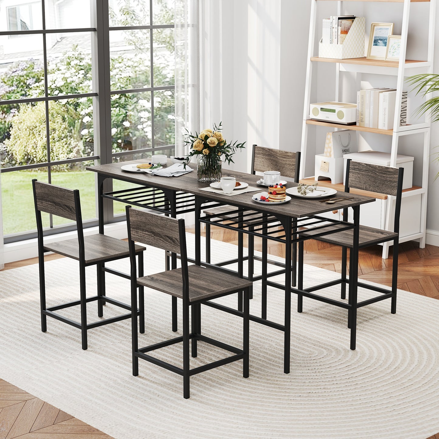 3-Piece Dining Table Set with Storage Rack and Metal Frame for Small Spaces, Grey