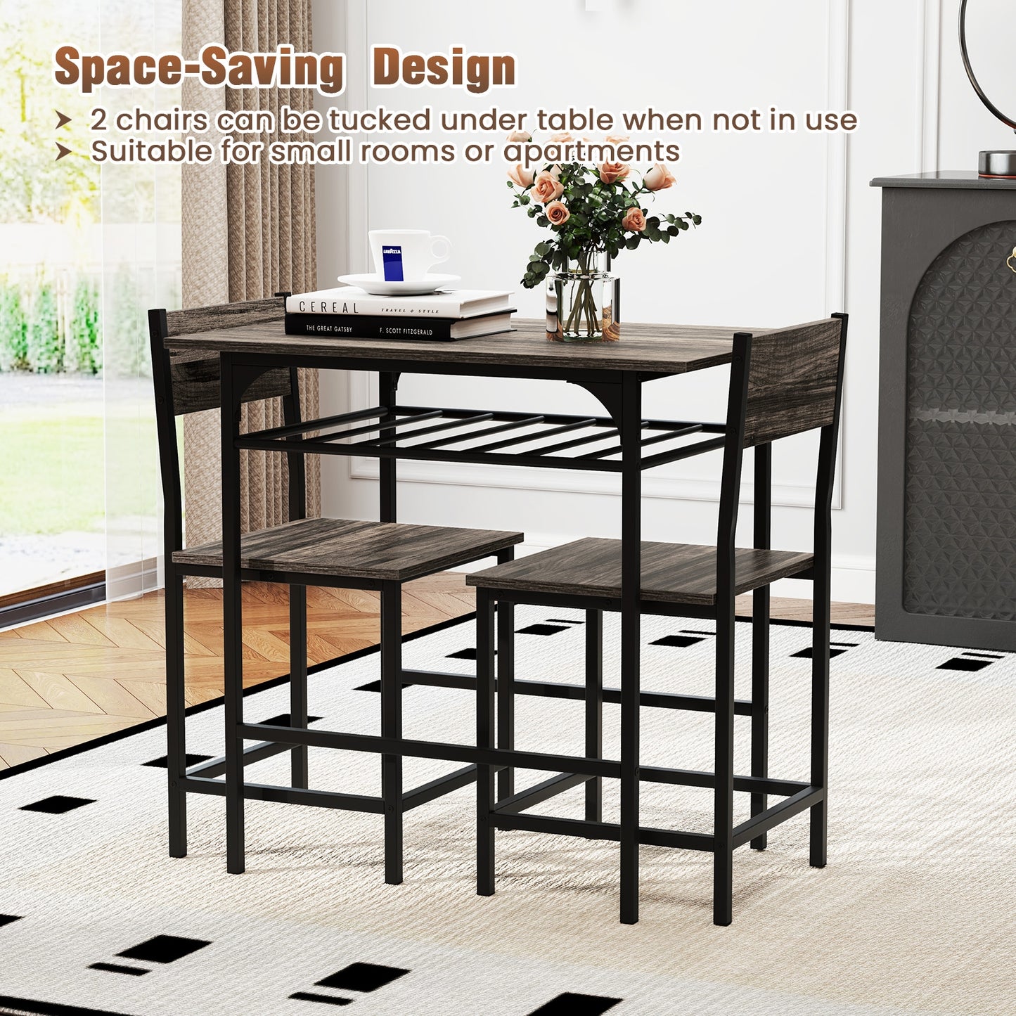 Dining table set with two chairs in a small room setting, suitable for space-saving design.