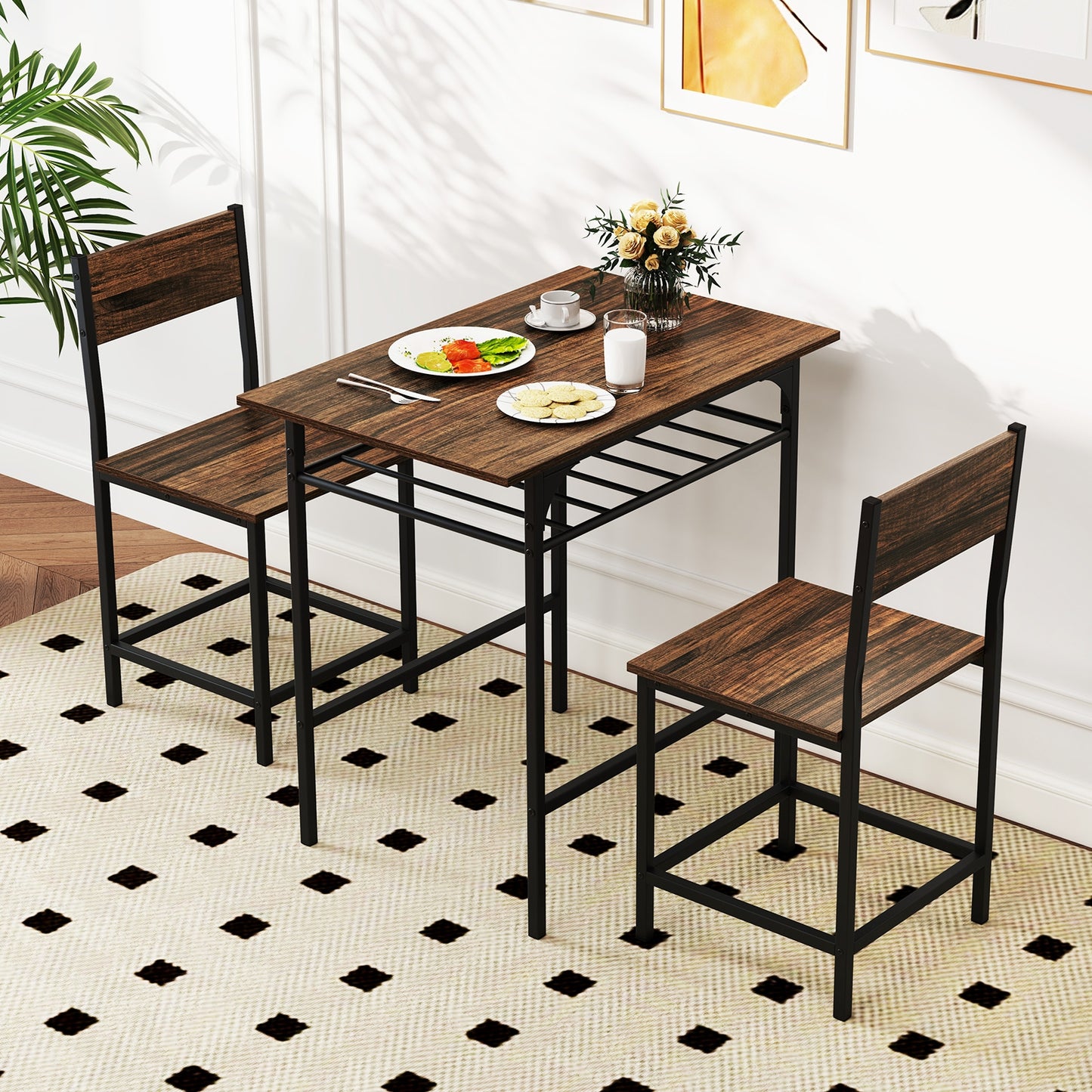3-Piece Dining Table Set with Storage Rack and Metal Frame for Small Spaces, Rustic Brown