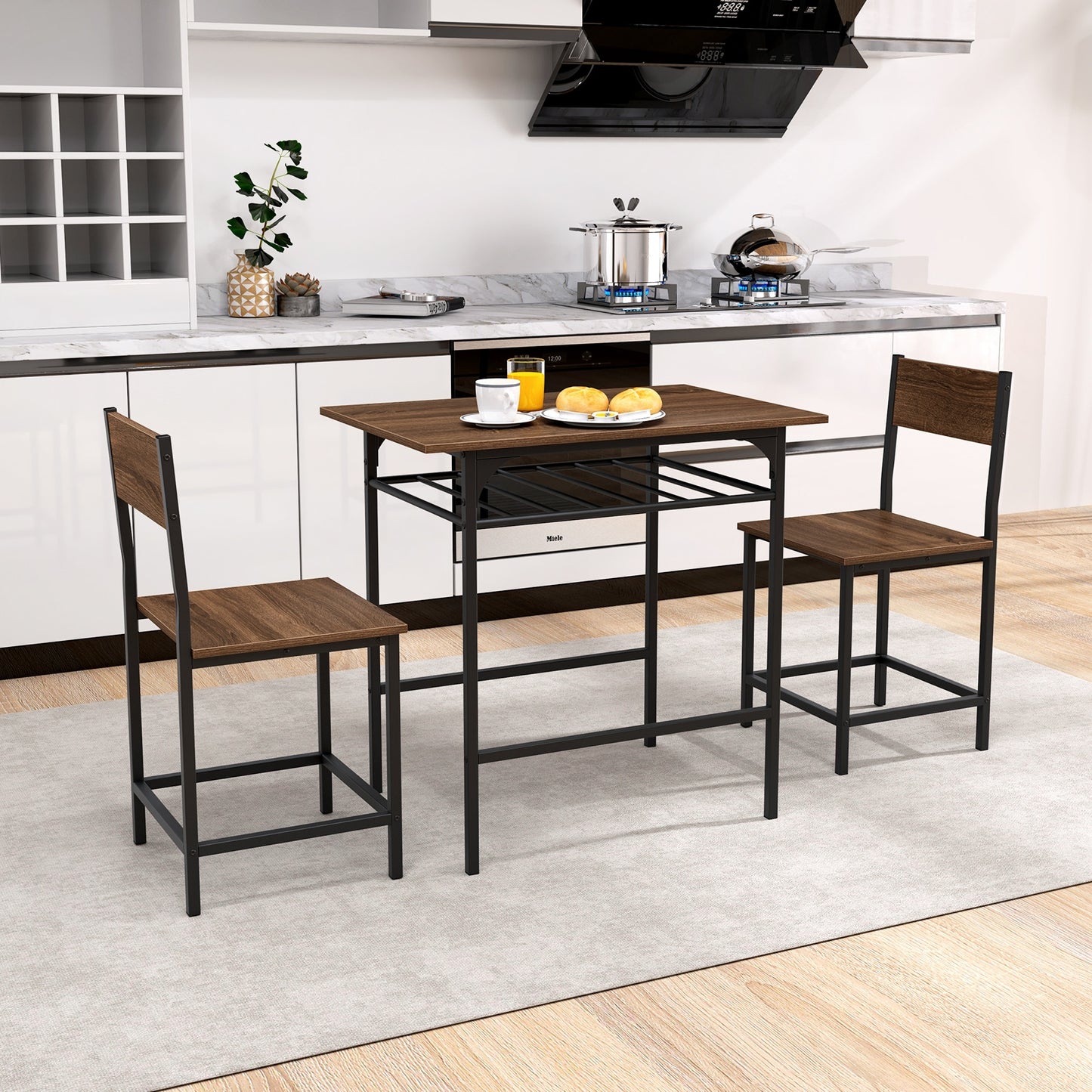 3-Piece Dining Table Set with Storage Rack and Metal Frame for Small Spaces, Rustic Brown