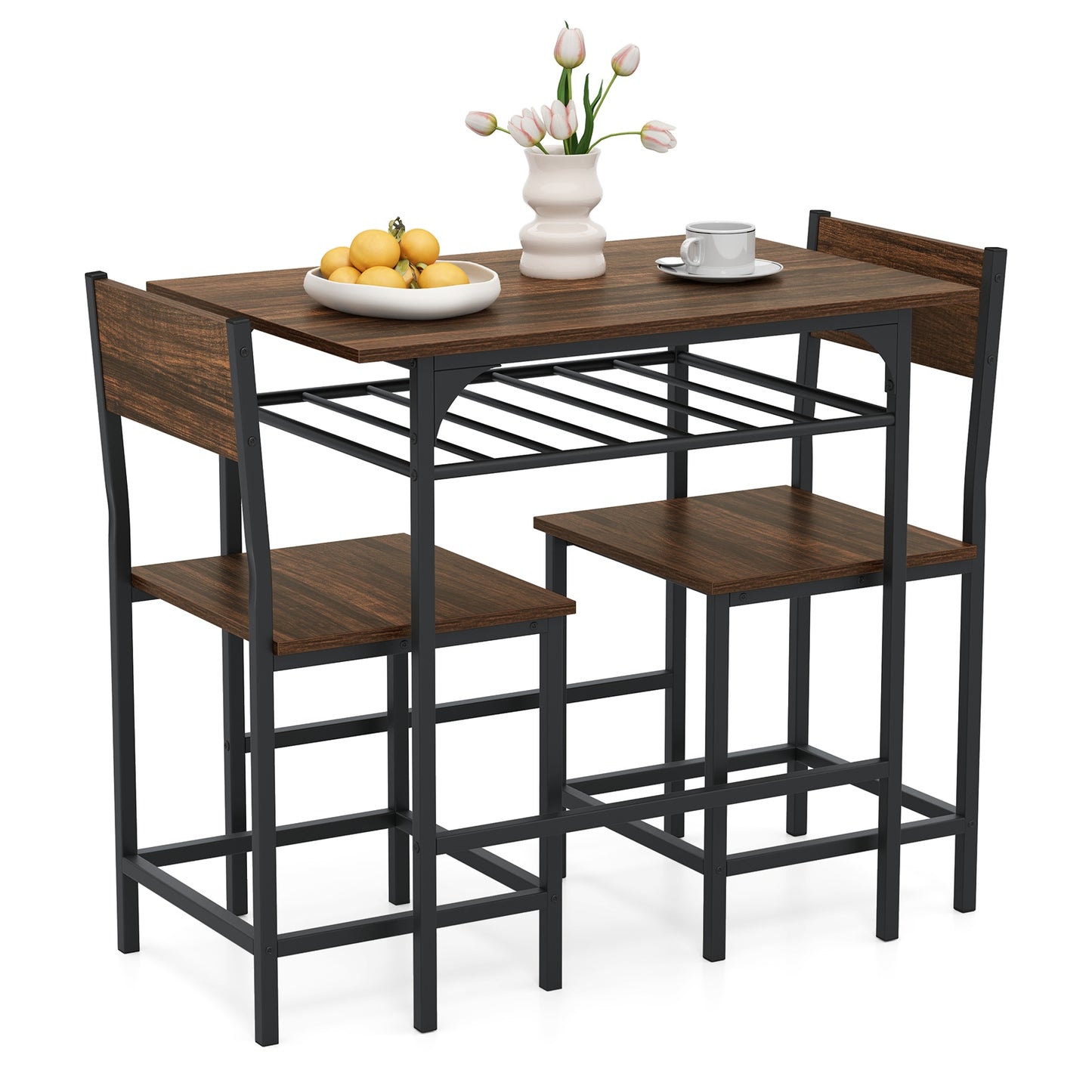 3-Piece Dining Table Set with Storage Rack and Metal Frame for Small Spaces, Rustic Brown
