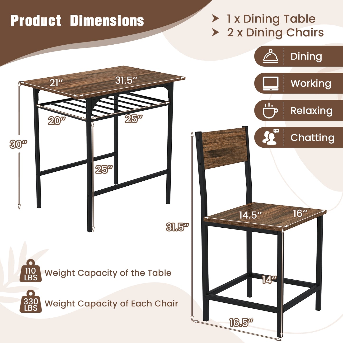 3-Piece Dining Table Set with Storage Rack and Metal Frame for Small Spaces, Rustic Brown