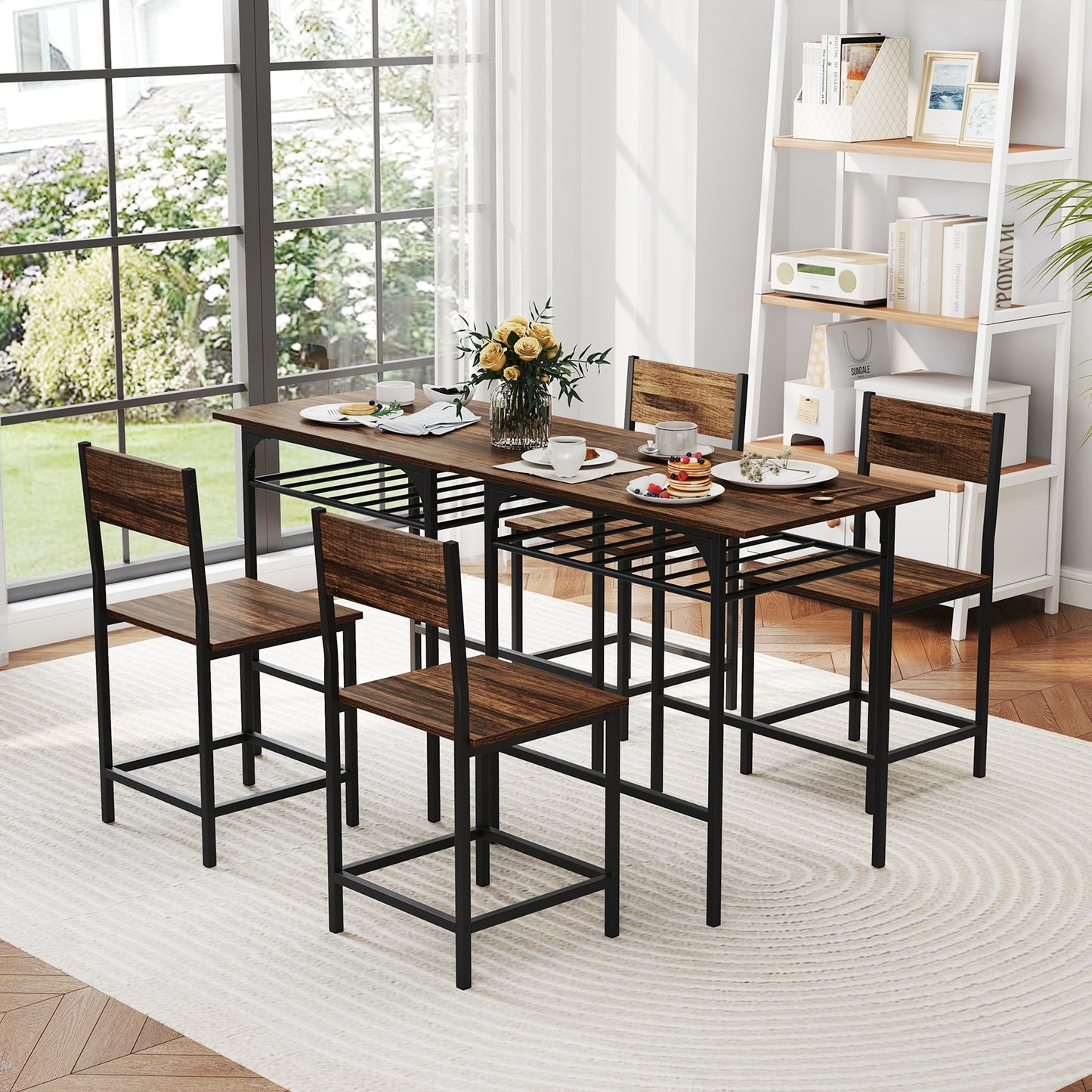 3-Piece Dining Table Set with Storage Rack and Metal Frame for Small Spaces, Rustic Brown