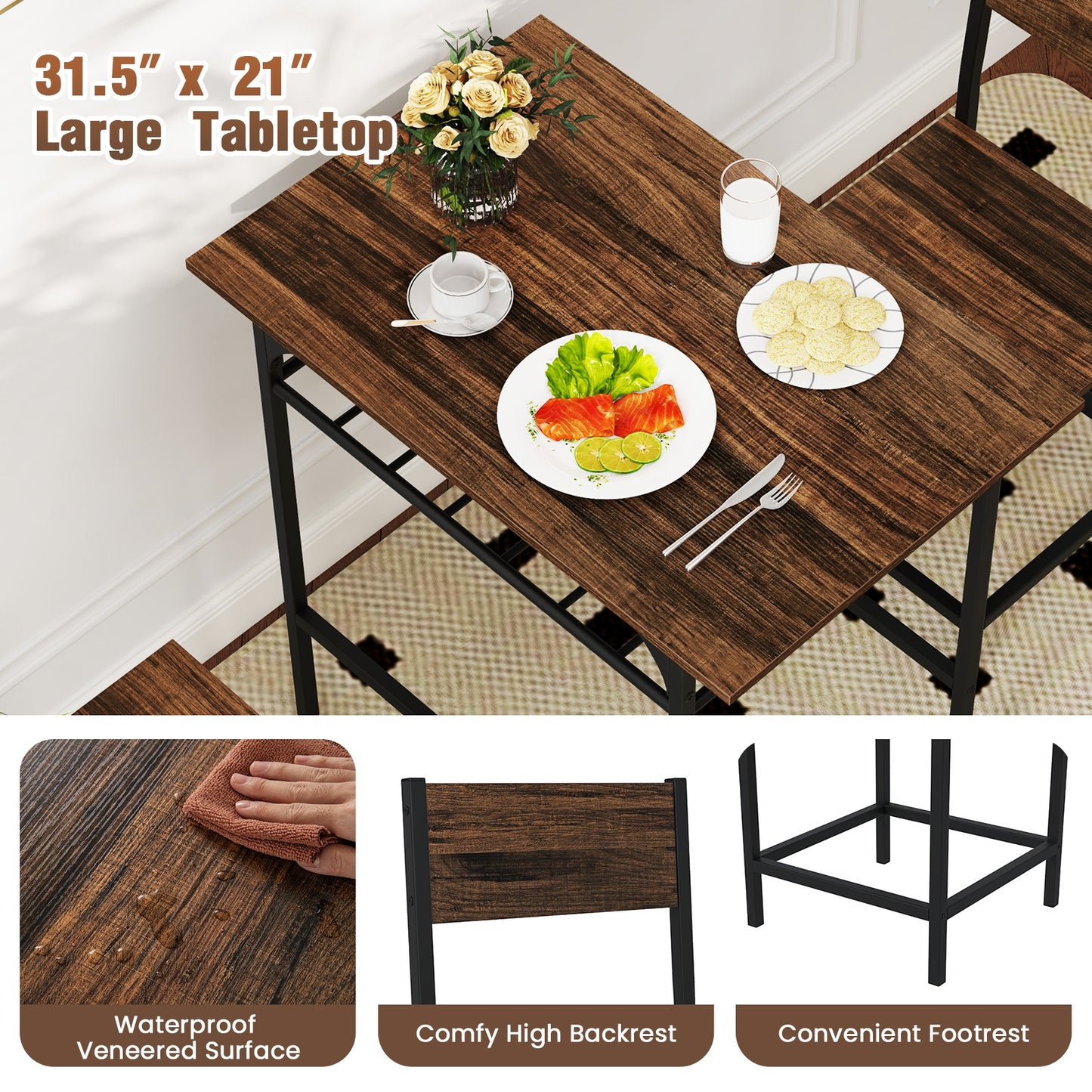 3-Piece Dining Table Set with Storage Rack and Metal Frame for Small Spaces, Rustic Brown