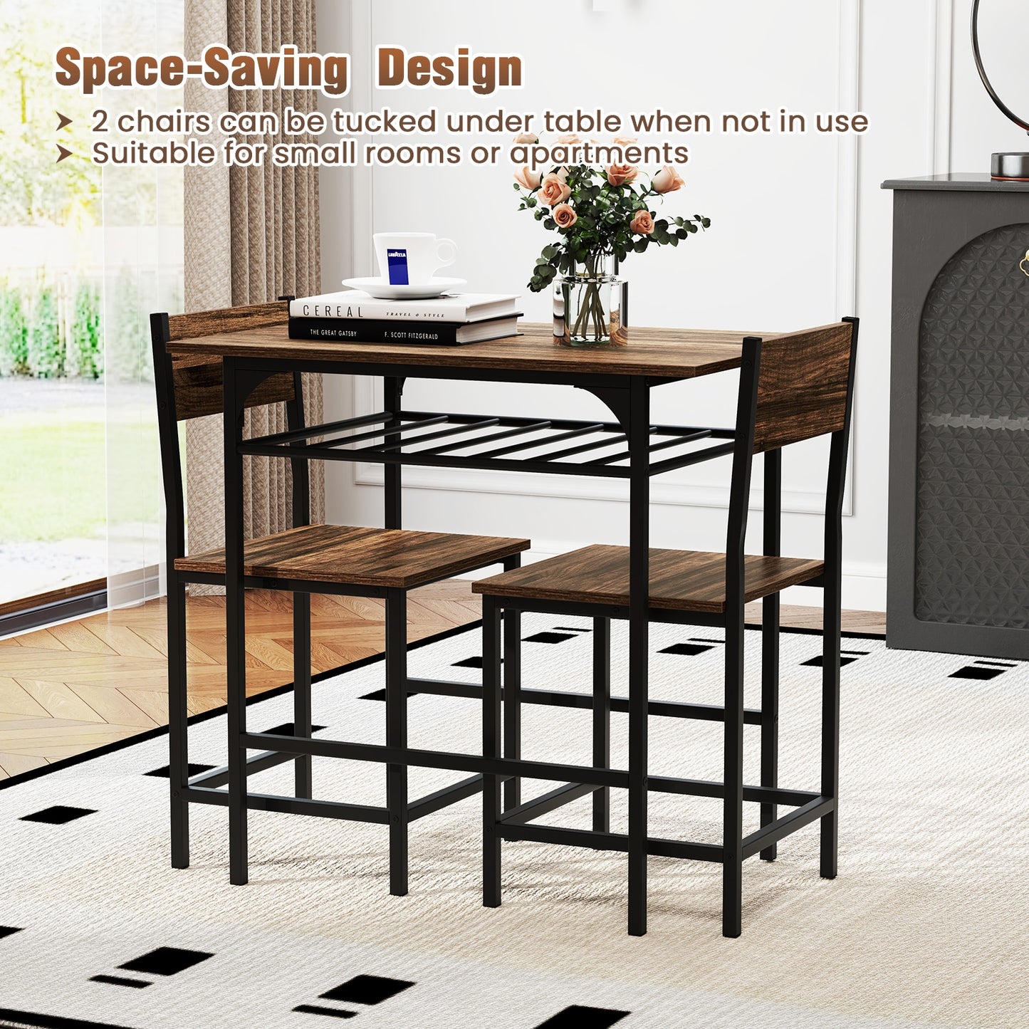 3-Piece Dining Table Set with Storage Rack and Metal Frame for Small Spaces, Rustic Brown