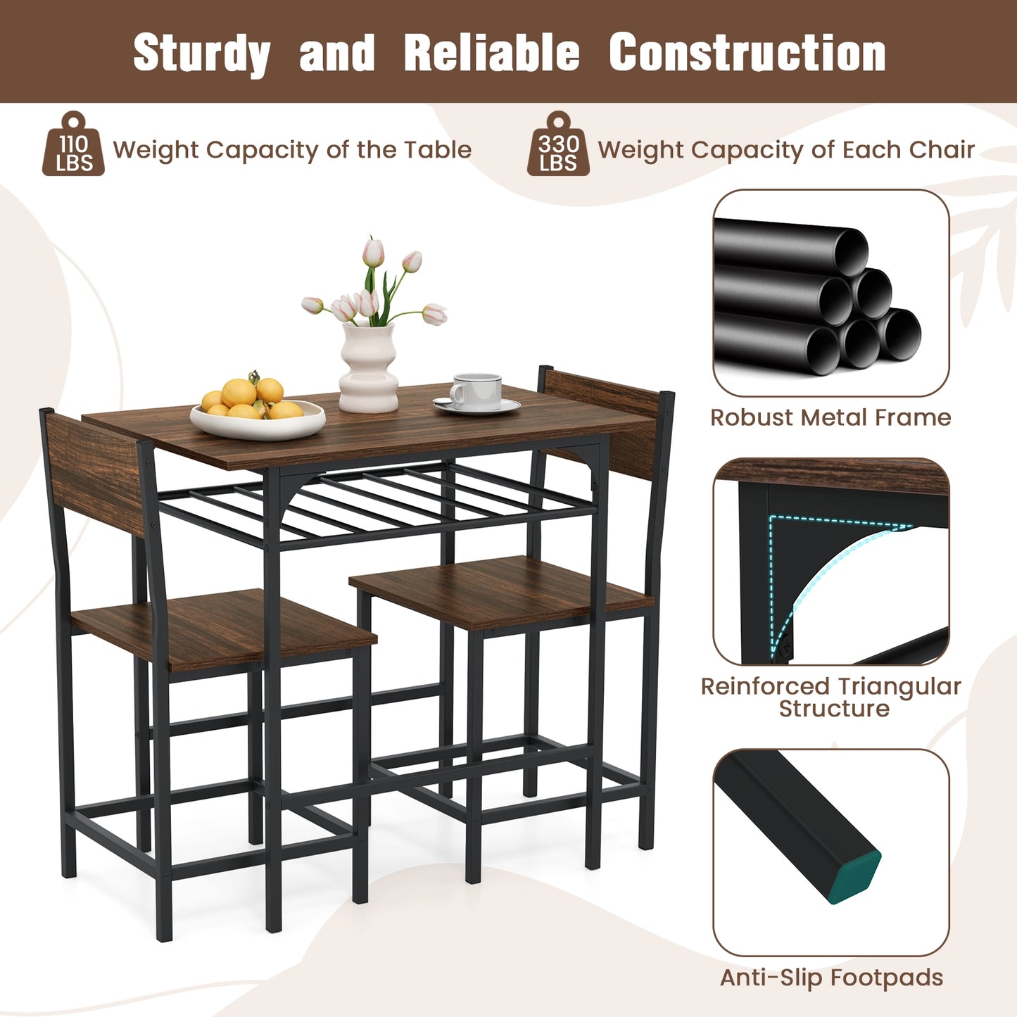 3-Piece Dining Table Set with Storage Rack and Metal Frame for Small Spaces, Rustic Brown