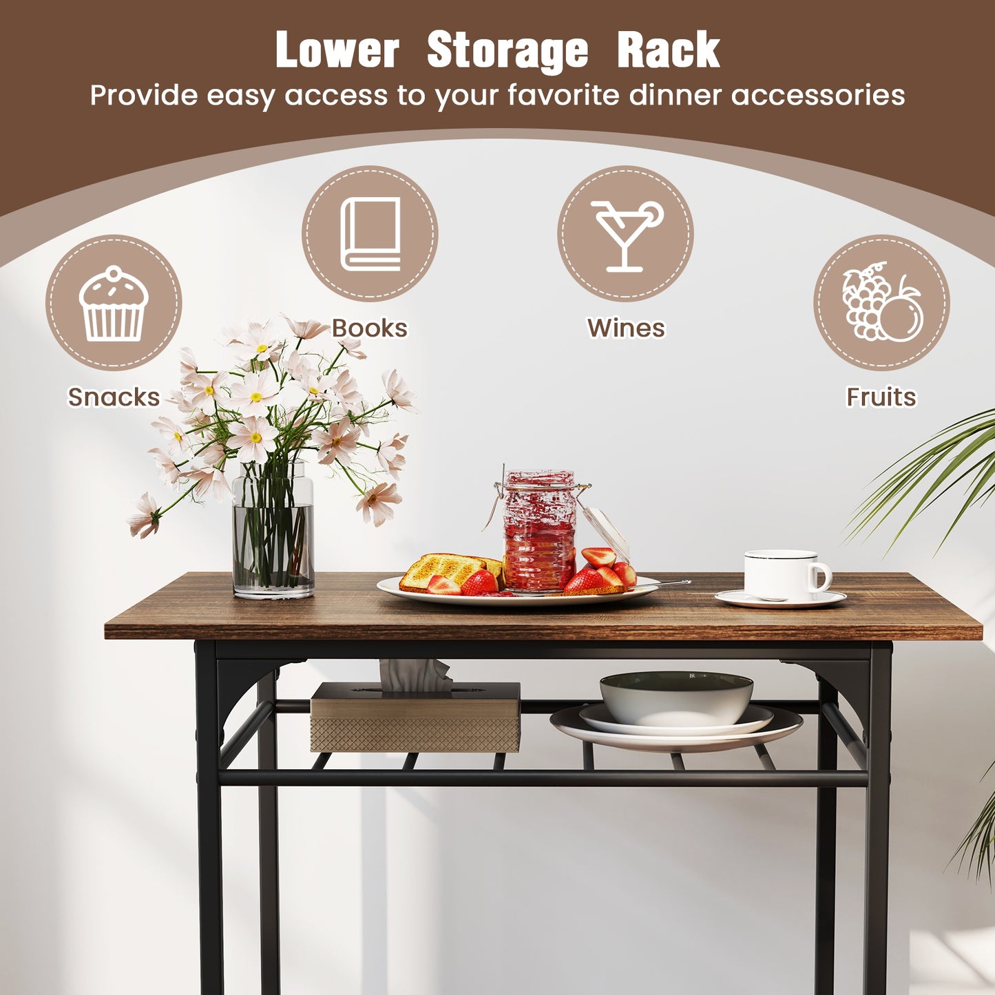 Lower storage rack with a table setup for snacks, books, wines, and fruits.