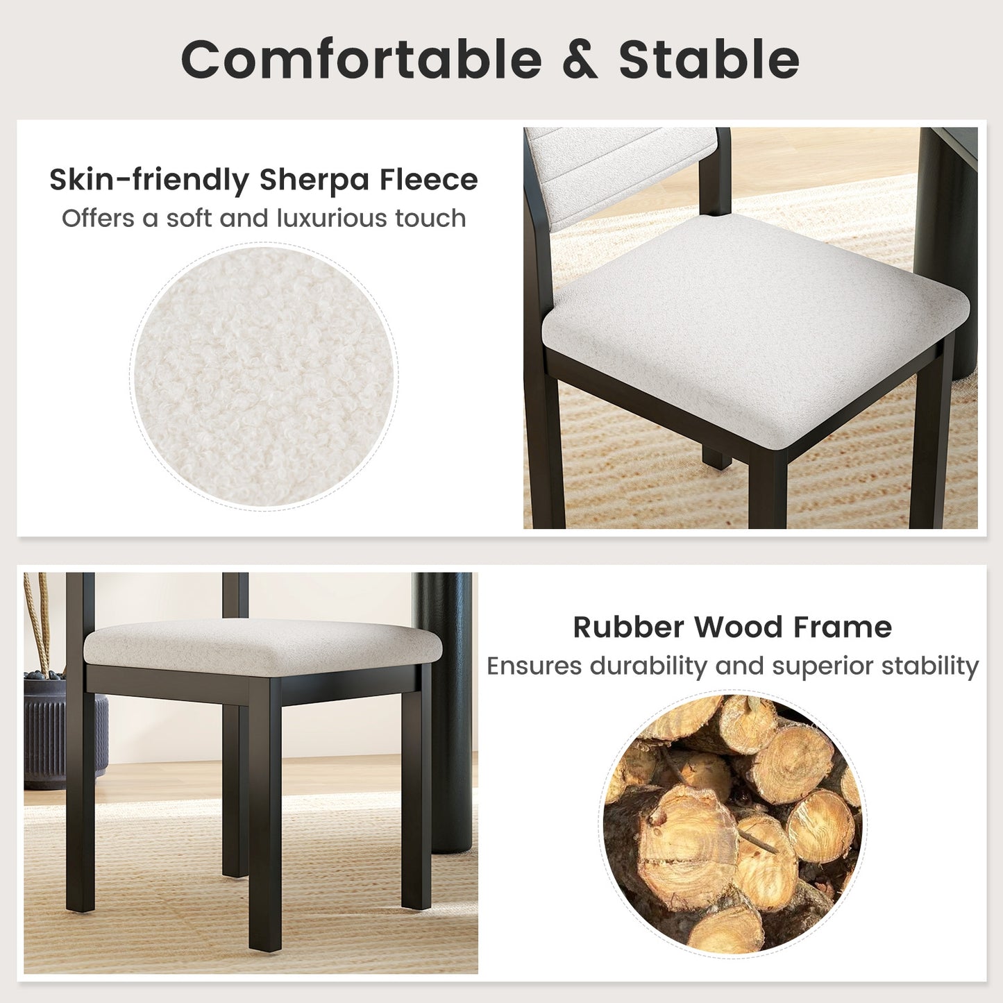 Sherpa Upholstered Dining Chairs with Ergonomic Armless Design and Sturdy Wood Frame, Set of 2