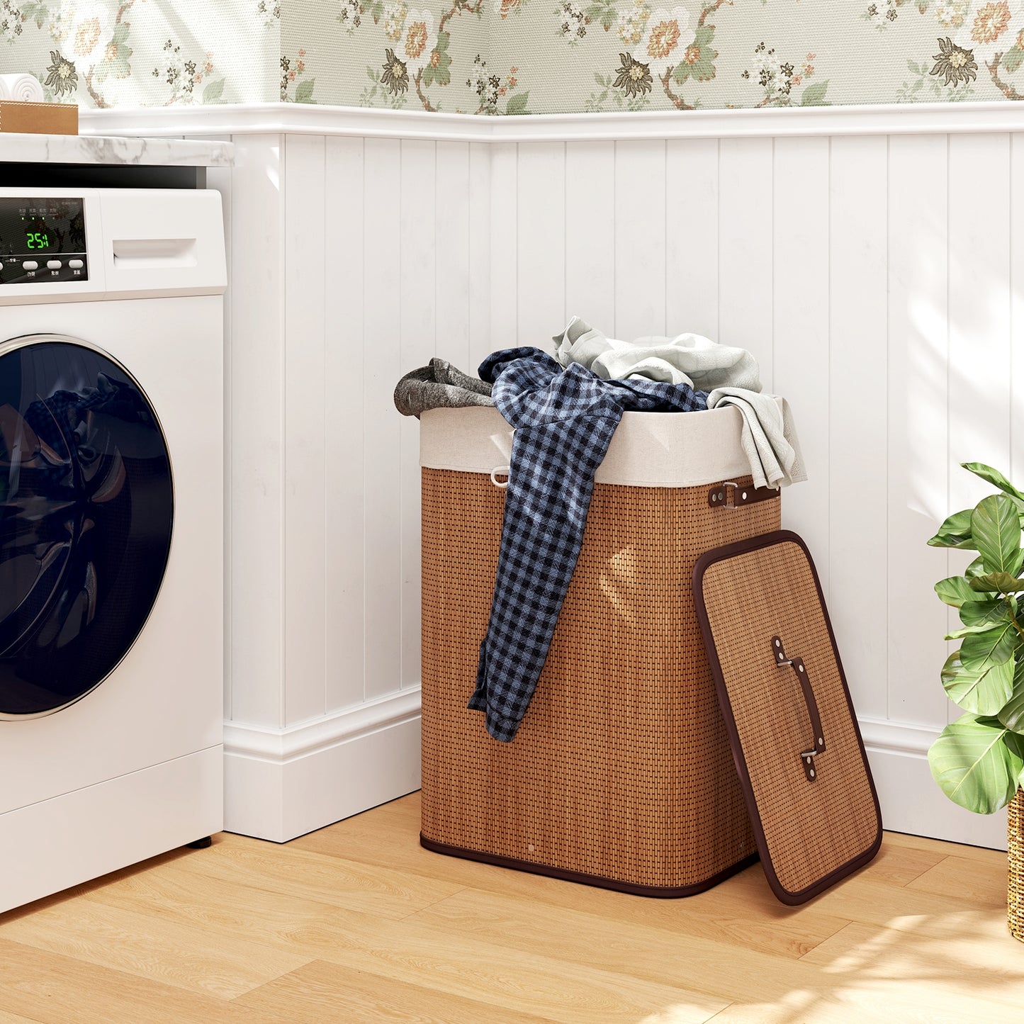 19 Gal Rectangle Bamboo Clothes Hamper with Lid & Handles