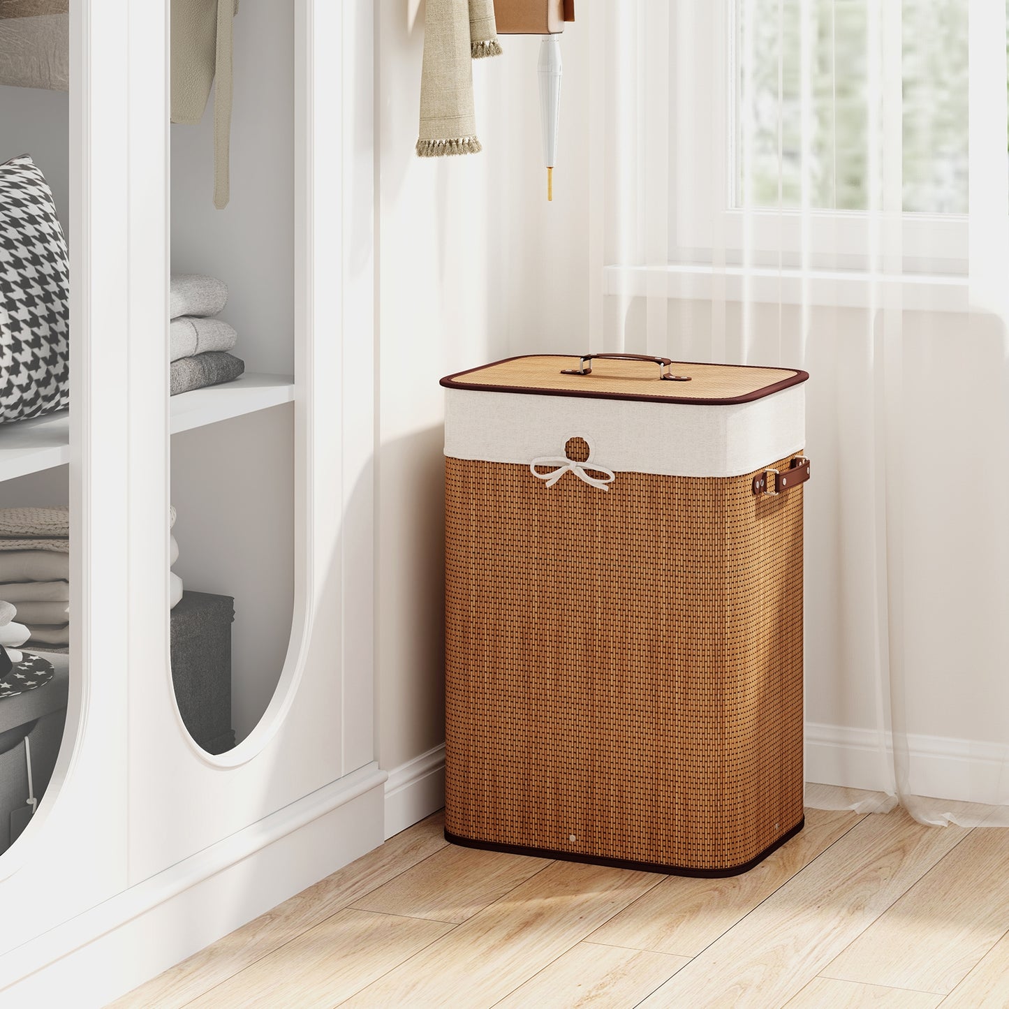 19 Gal Rectangle Bamboo Clothes Hamper with Lid & Handles