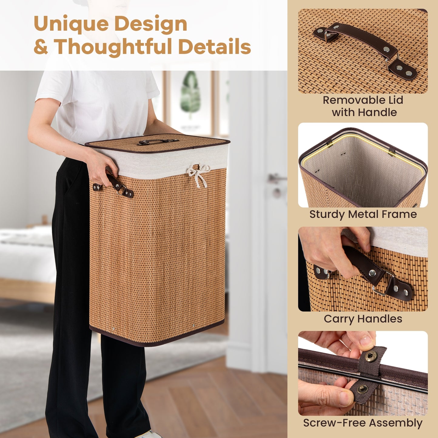 19 Gal Rectangle Bamboo Clothes Hamper with Lid & Handles