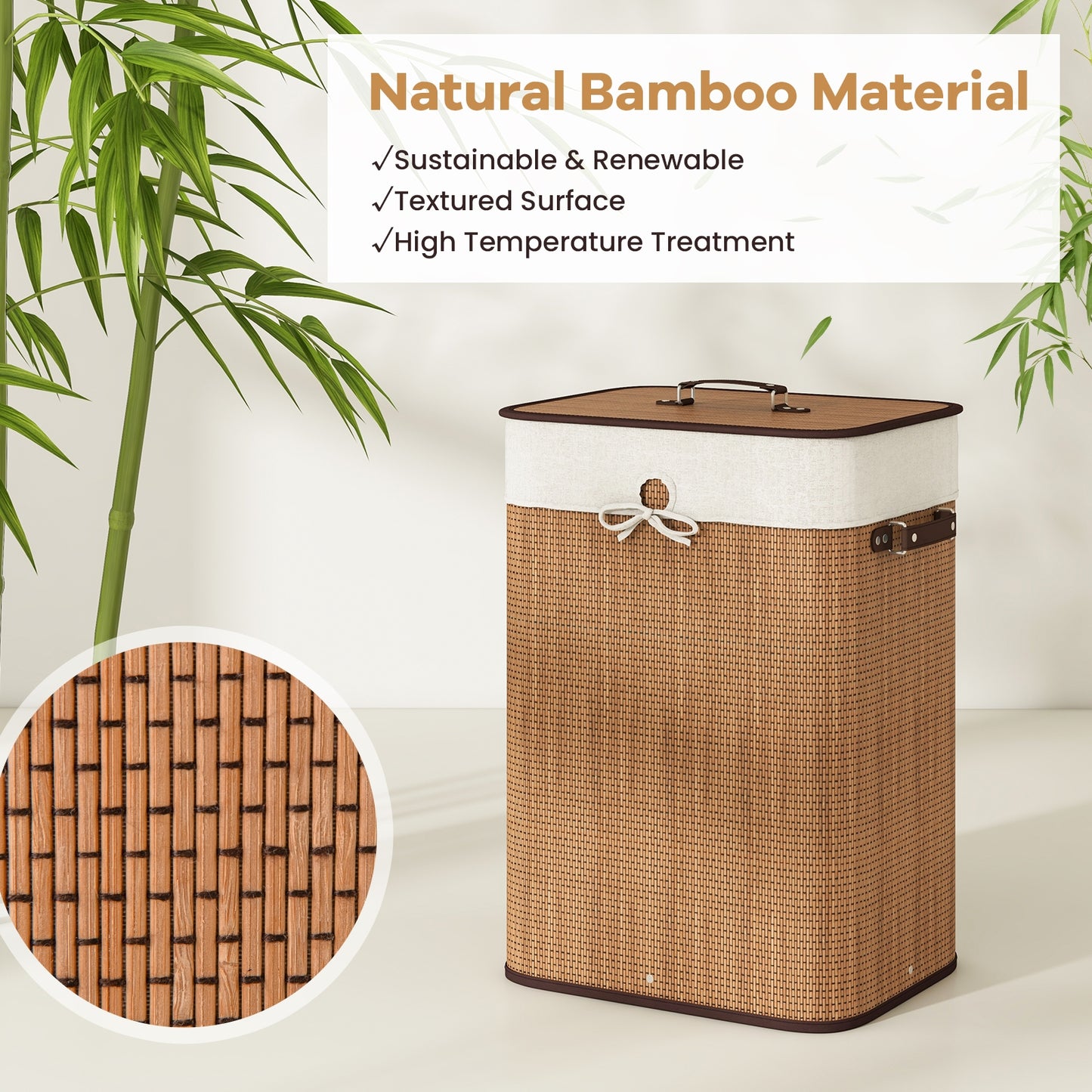 19 Gal Rectangle Bamboo Clothes Hamper with Lid & Handles