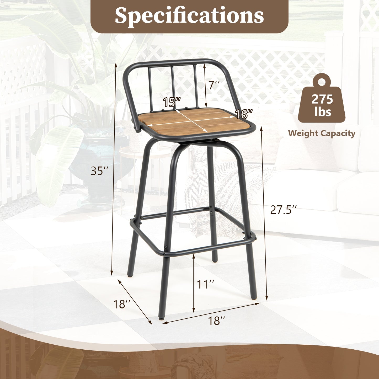 Modern Swivel Bar Stool Set of 2 with 360° Seat Backrest and Footrest