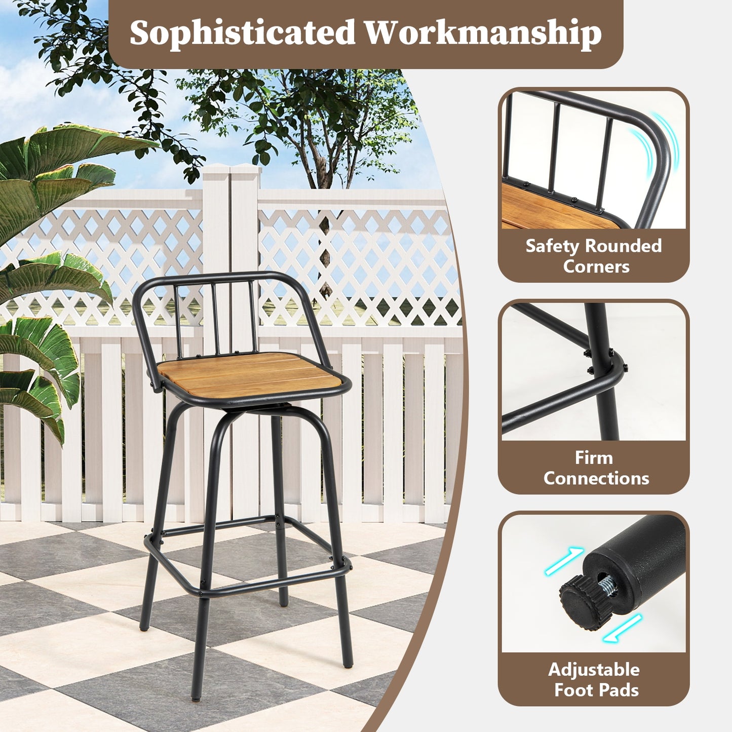 Modern Swivel Bar Stool Set of 2 with 360° Seat Backrest and Footrest